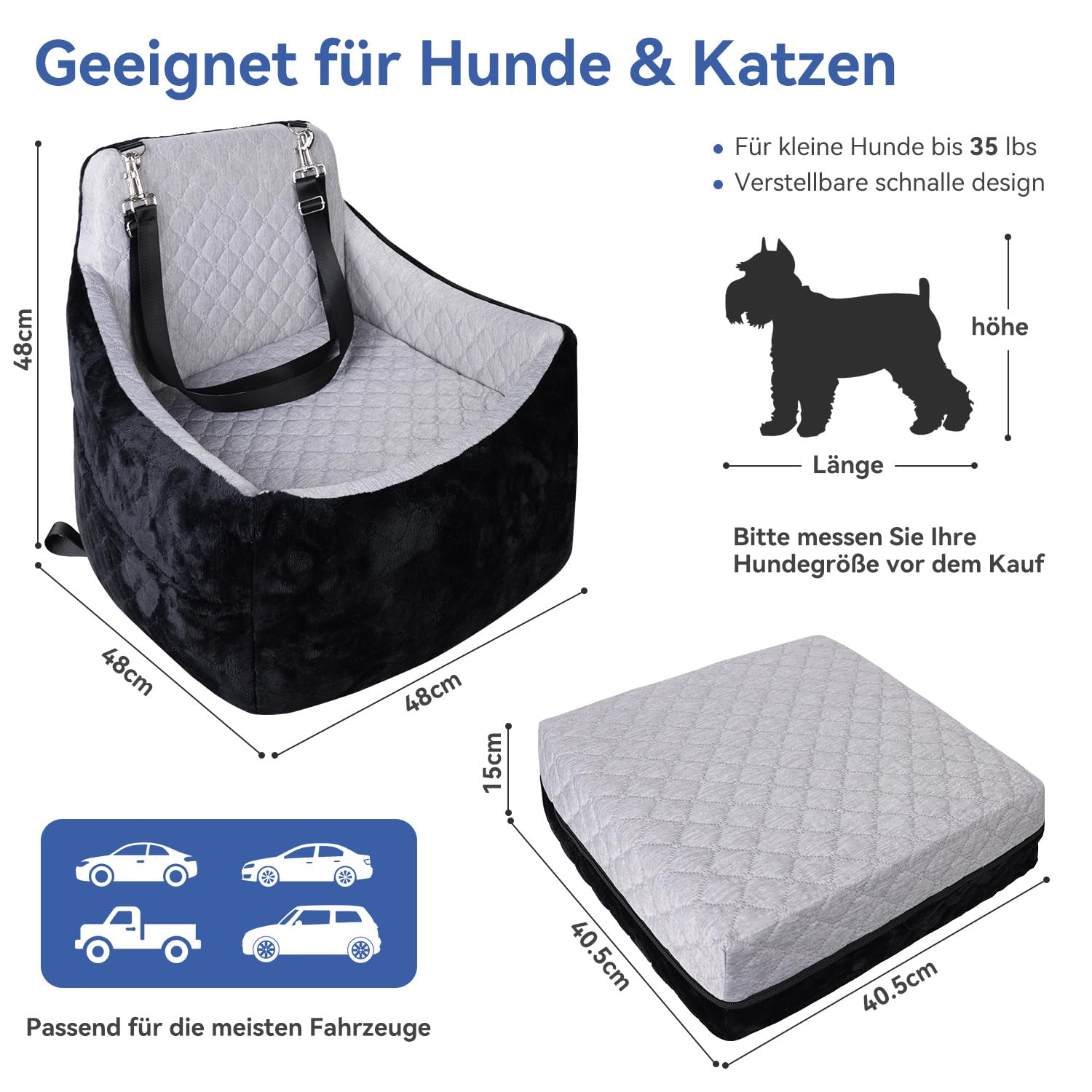 Hunde Autositz für kleine & mittlere Hunde – Abnehmbarer, waschbarer Hundesitz bis 30lbs, mit Staufächern & Sicherheitsgurt als reversibles Hundebett