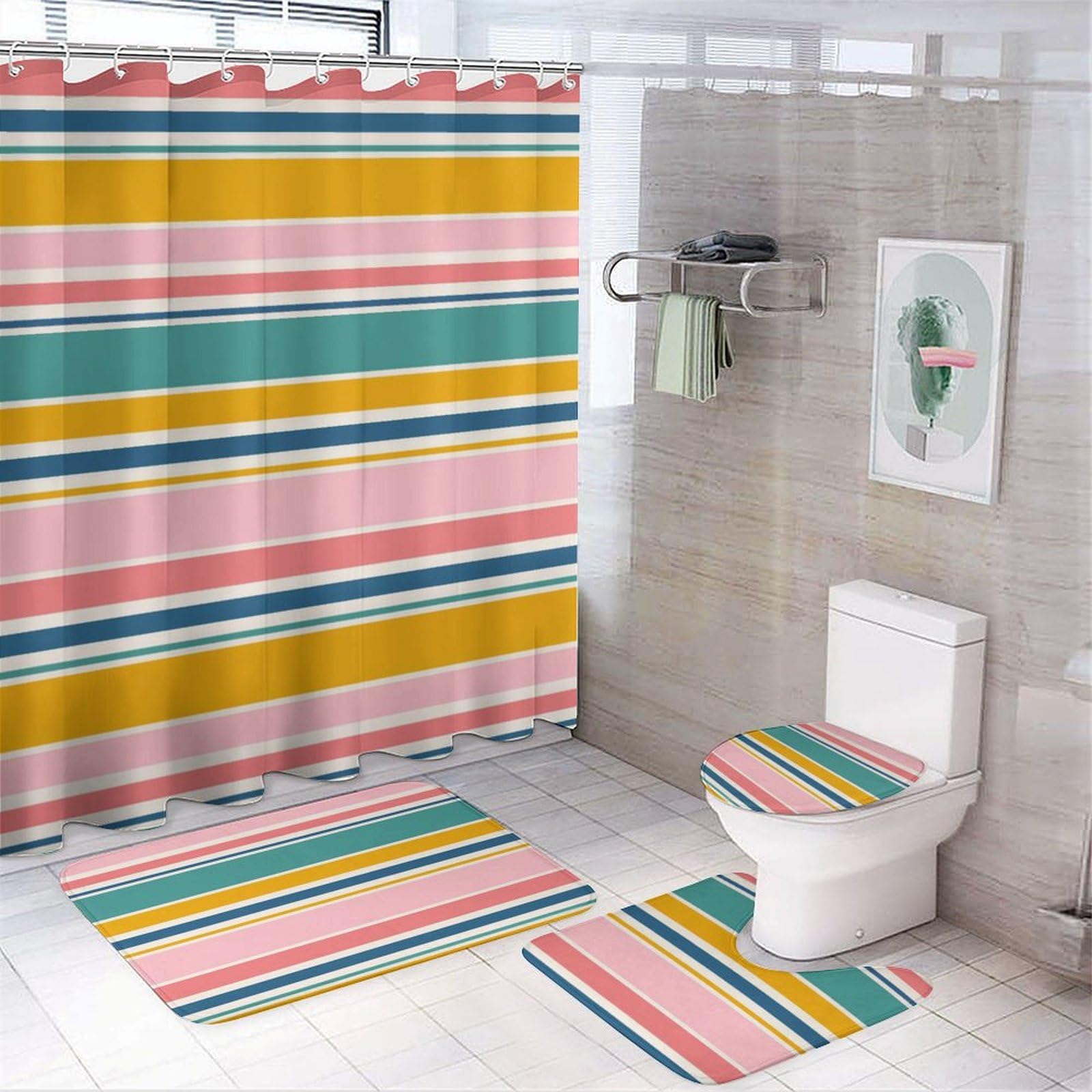 FJQWKLF 4 Pcs Shower Curtain Sets, Beach Themed Color Stripes Bathroom Sets with Shower Curtains, Non-Slip Bath Mat, Toilet Lid Cover and U Shape Mat 72" x 72"