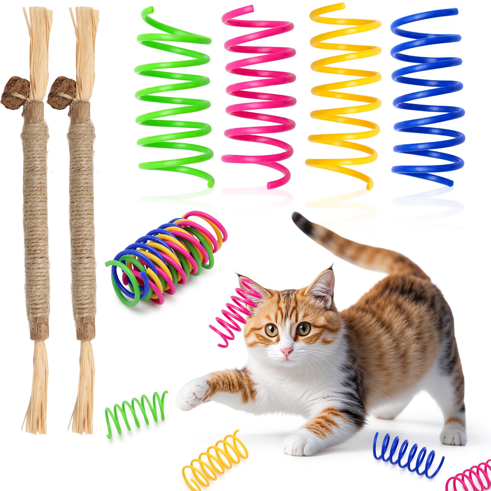 XIANGLONGY 40 Stück Katzenspielzeug Spirale + 2 Stück Katzenminze Stick, Buntes Interaktives Spielzeug für Katzen, Kunststoff Katzenspielzeug Spiralfeder, Spiralen Katzen für Haustiere zum Spielen