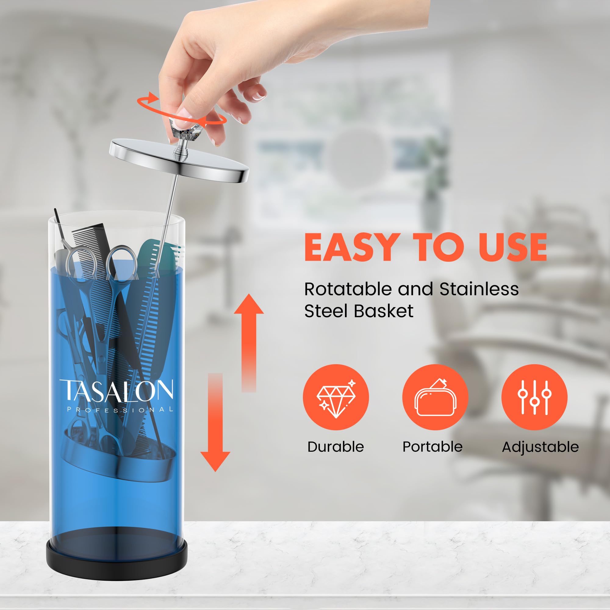 TASALON Bocal de barbier (1,3 l) avec poignée en cristal – Pot désinfectant pour salon, spa et magasin de manucure – Récipient de stérilisation en verre durable avec panier amovible en acier