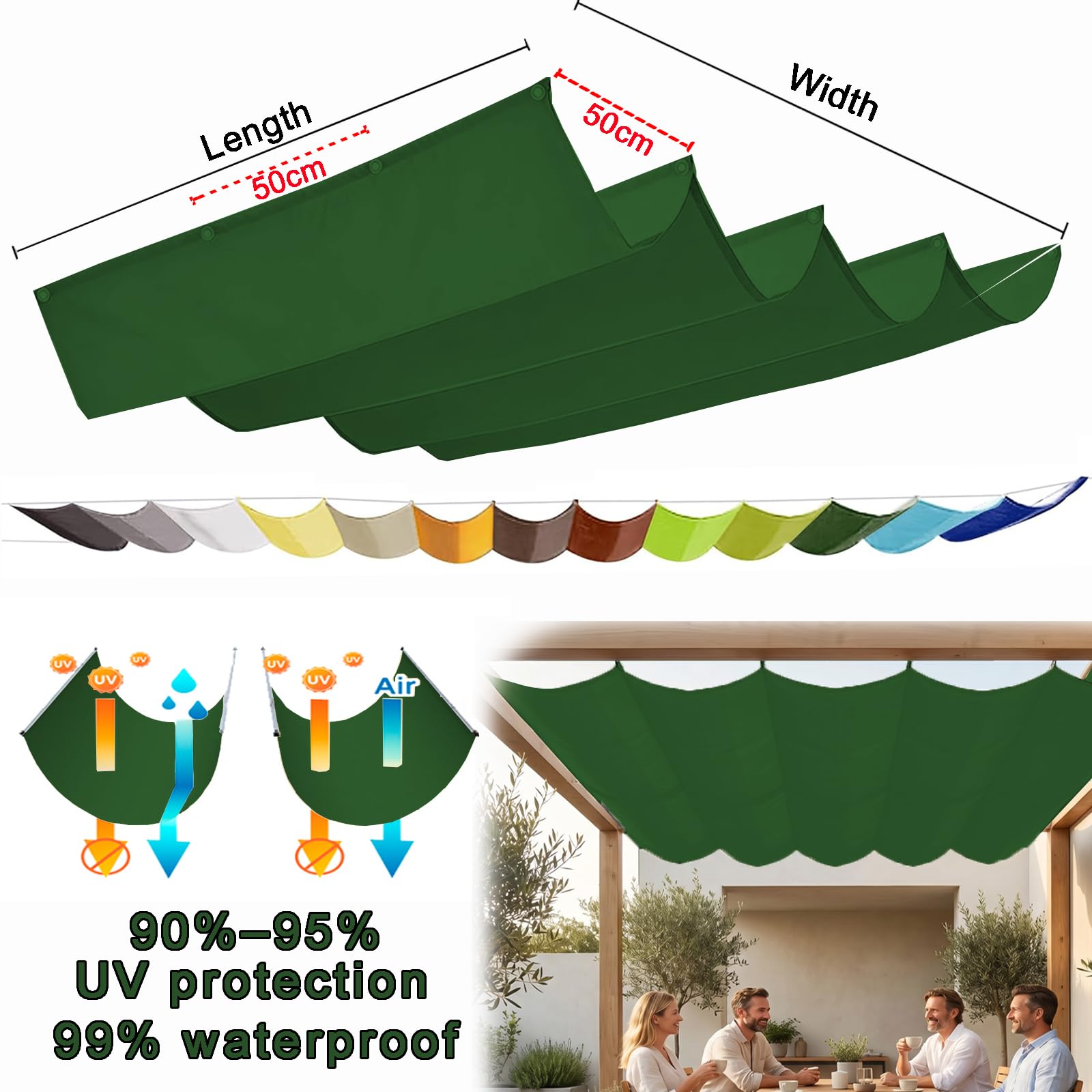Wysuwany żagiel przeciwsłoneczny z falą, blokada UV, regulowany pokrowiec na patio ogrodowe, 350 x 350 cm, ciemnozielony - zawiera bezpłatną linkę dla łatwej instalacji