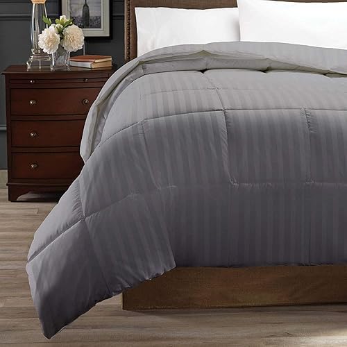 Miniatura 3 de Edredón de 1000 hilos de tamaño Queen de 1 pieza (relleno de fibra de 17.76 ozm) a rayas grises plateadas, 100% algodón egipcio, (90 x 98 pulgadas)