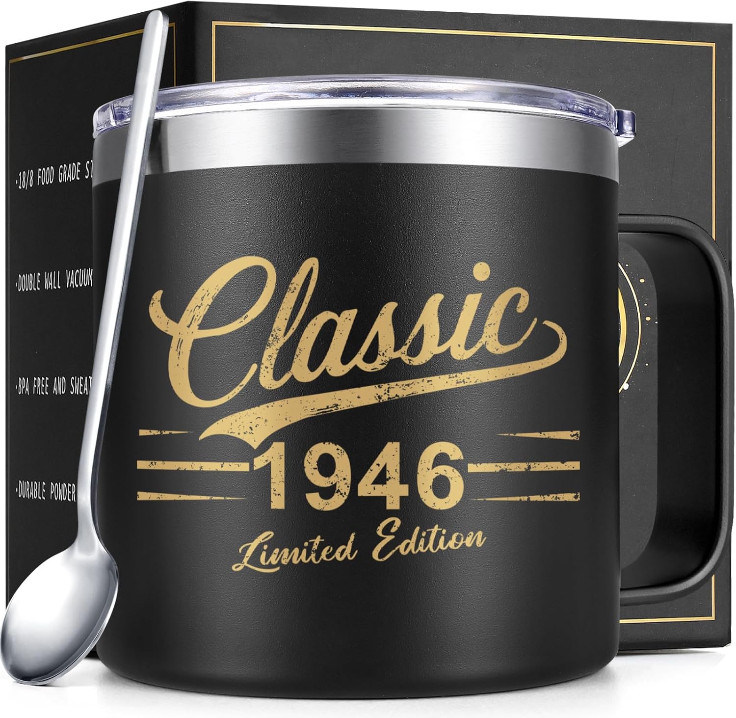 Qtencas 80th Birthday Gifts for Men, Classic 1946 Insulated Coffee Mug with Lid & Straw, Mens Birthday Gift Ideas for Dad, Brother, Grandpa, Uncle, Husband (14oz, Black)