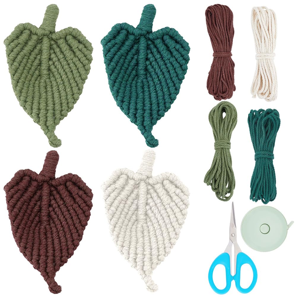 WEBEEDY 4 Sets DIY Leaf Macrame Kit Adult Craft Kit DIY Macrame Hanging Ornament for Adult Beginners Macrame Hanger with Instructions Boho Style for Home Wedding Party Decor Birthday Gift