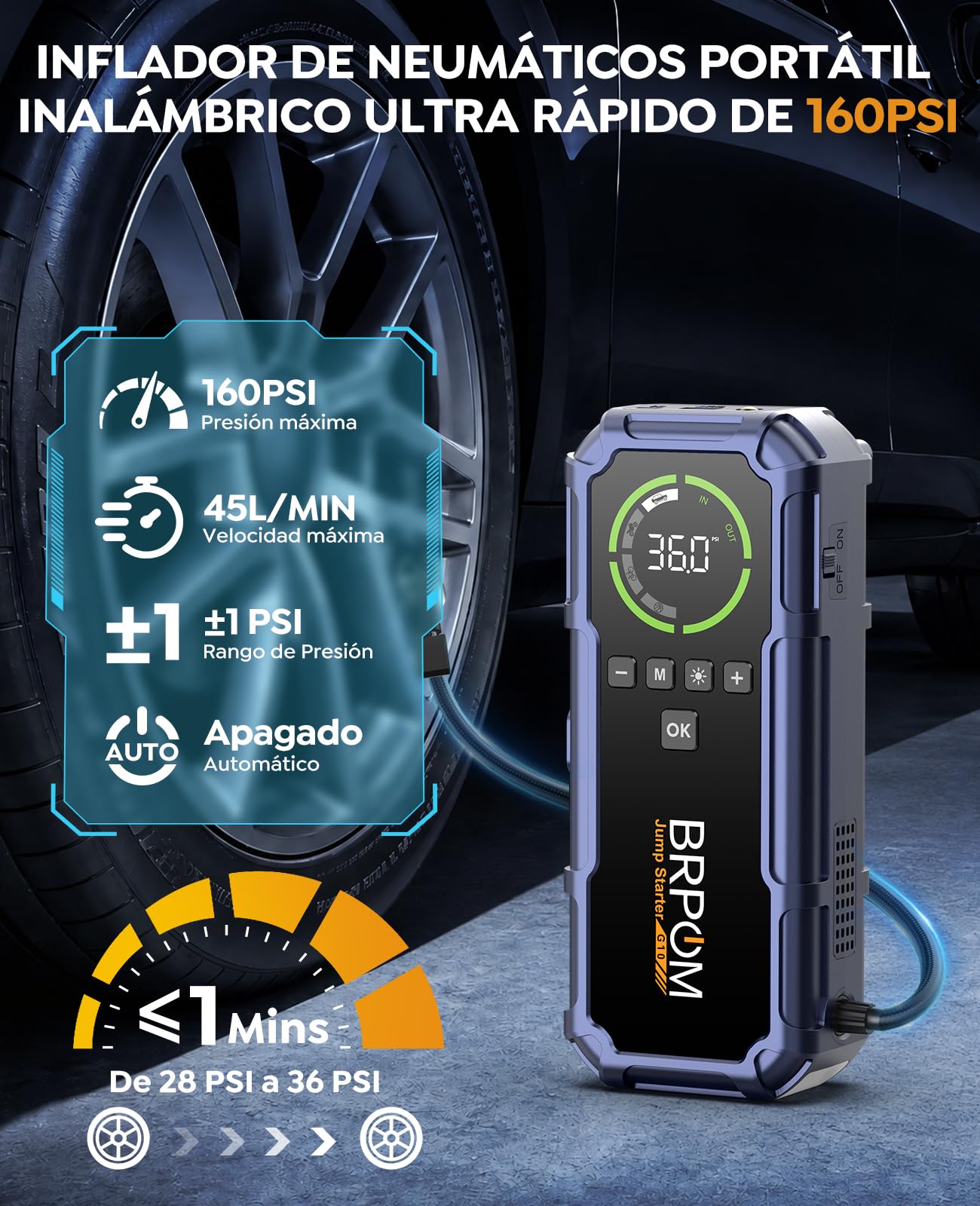 BRPOM Arrancador de Batería Coche 9000A 12V con Compresor 160PSI, Booster Batería Portátil con Inflador Neumáticos, Pantalla LED, Luz 600LM, Pinzas Inteligentes, para Coches y Motos