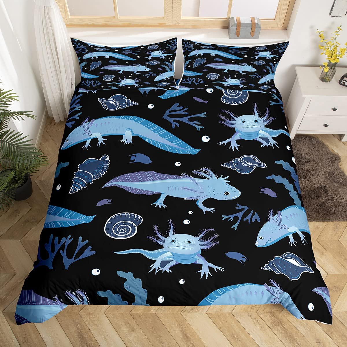 Feelyou Cartoon Axolotl Duvet Cover Kawaii Axolotl Comforter Cover 3D Animals Theme Bedding Set for Kids Adults Salamander Black Blue Bedspread Cover Ultra Soft Room Decor Quilt Cover 2Pcs Twin Size