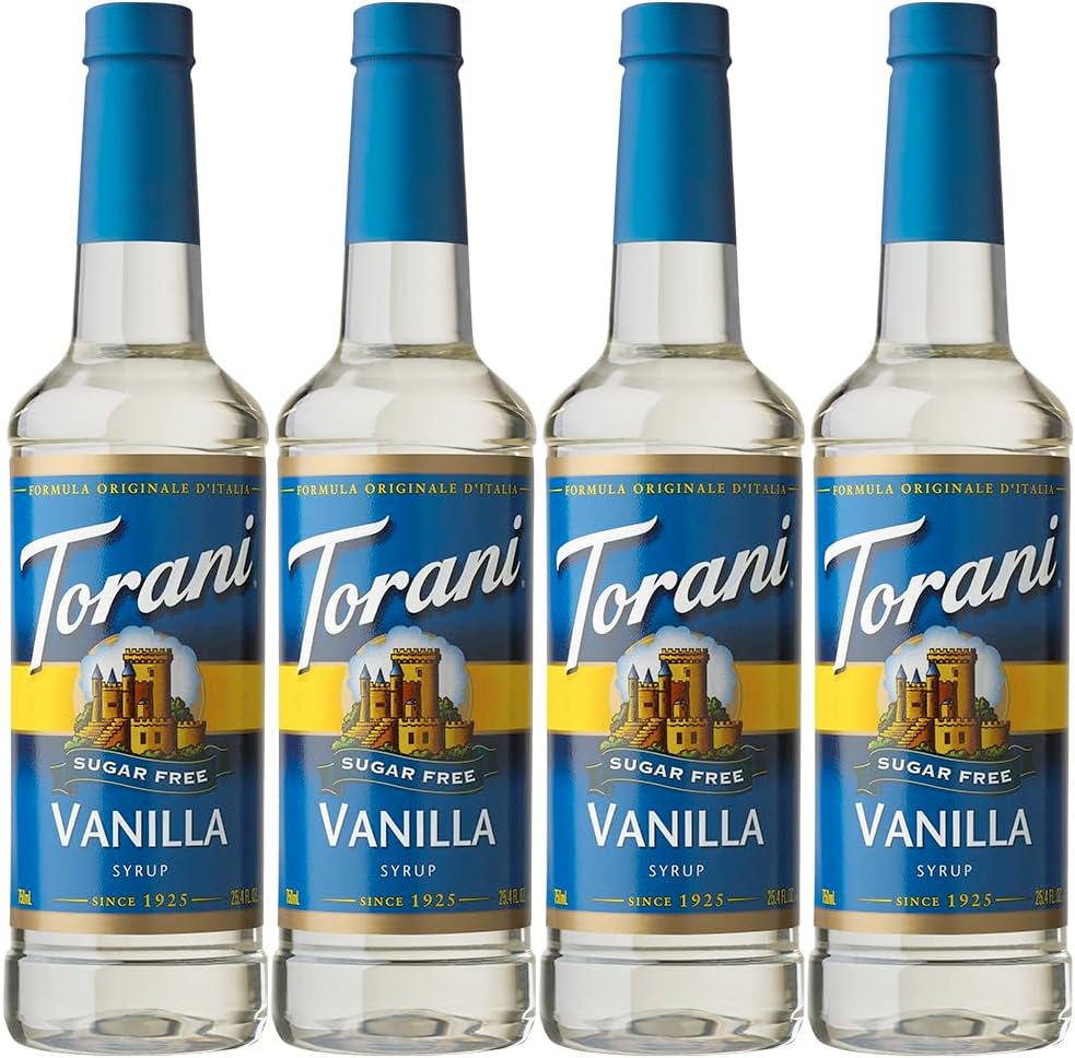Torani Sugar Free Vanilla Coffee Syrup Gift Set (4 x 750ml) - Classic Flavour for Lattes & Iced Drinks - Zero Calorie, Vegan-Friendly Coffee Flavouring