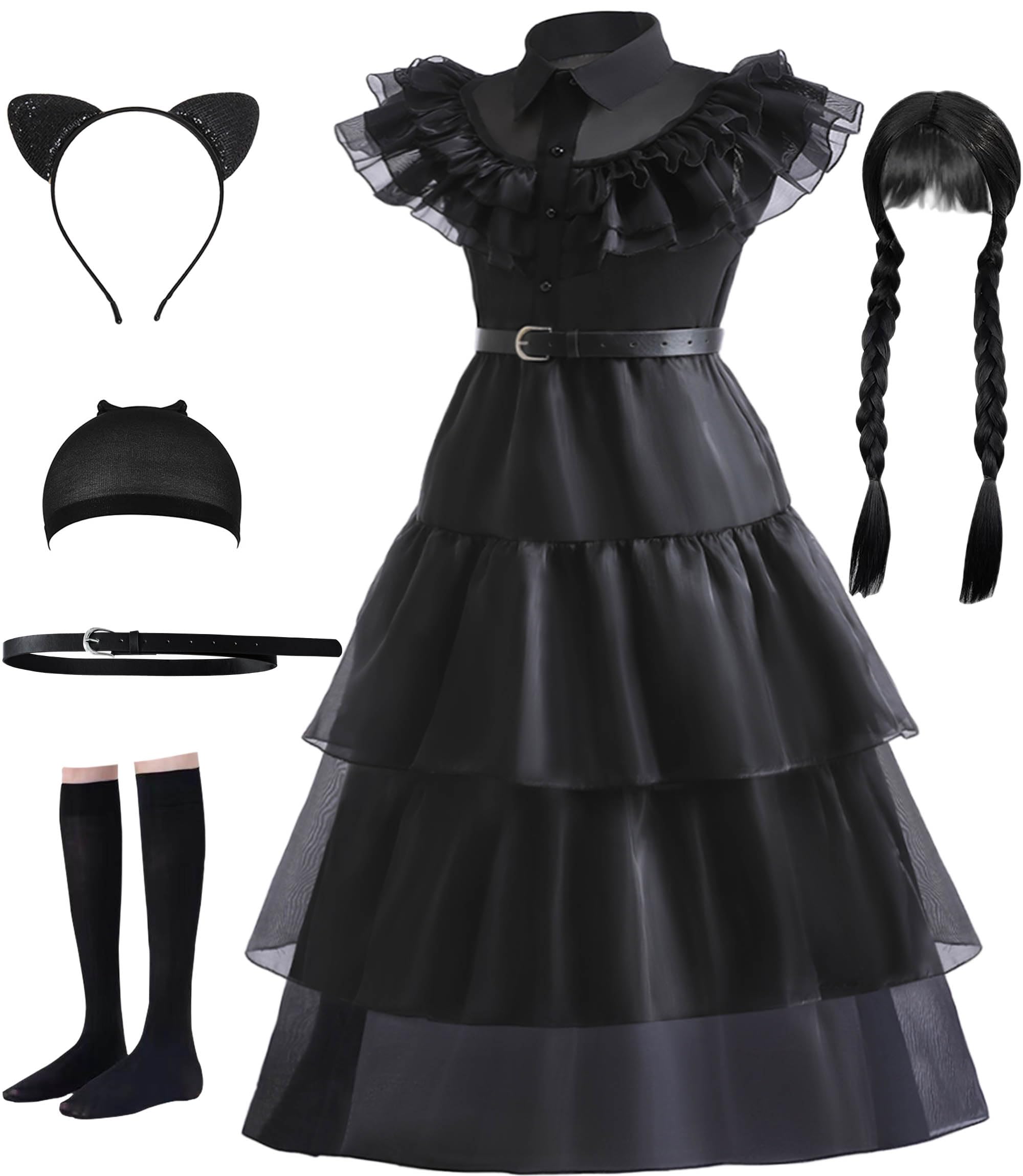 VORLITS Girls Black Costume Dress for Kids Black Halloween Costumes Cosplay Party Dress With Wigs