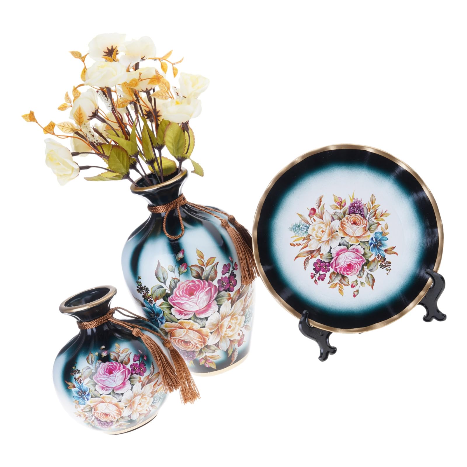 Set di 3 lussuosi vasi decorativi in ceramica con vassoio rotondo, eleganti decorazioni da tavolo per camera da letto e sala da pranzo, set di composizioni floreali in ceramica