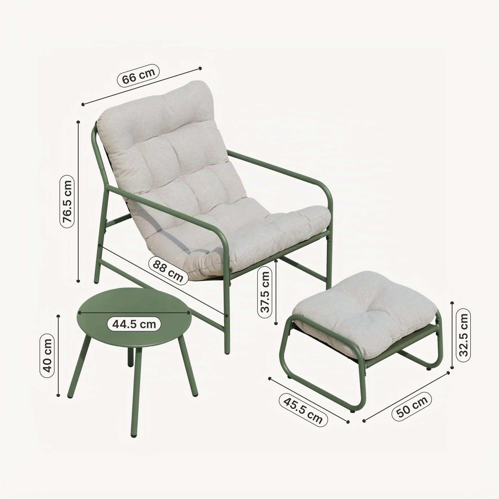 [en.casa] Set di 3 Mobili da Giardino Verde Chiaro/Grigio | Tavolino Rotondo, Poltrona e Poggiapiedi, Con Cuscini Imbottiti, per Balcone Terrazzo Veranda Outdoor, Telaio in Acciaio