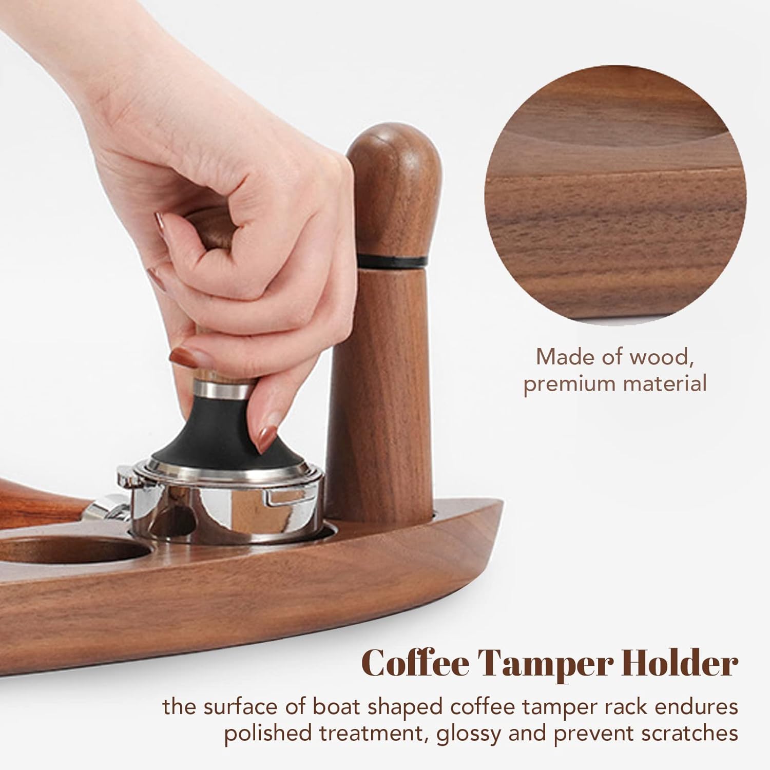 Wooden Coffee Tamper Holder with 1 Tamper 1 Distributor, Walnut Wood Coffee Distributor Stand Stainless Steel Cafe Accessories for Bar Restaurant (For 51/53mm Base 51mm Tamper 51mm Distributor)