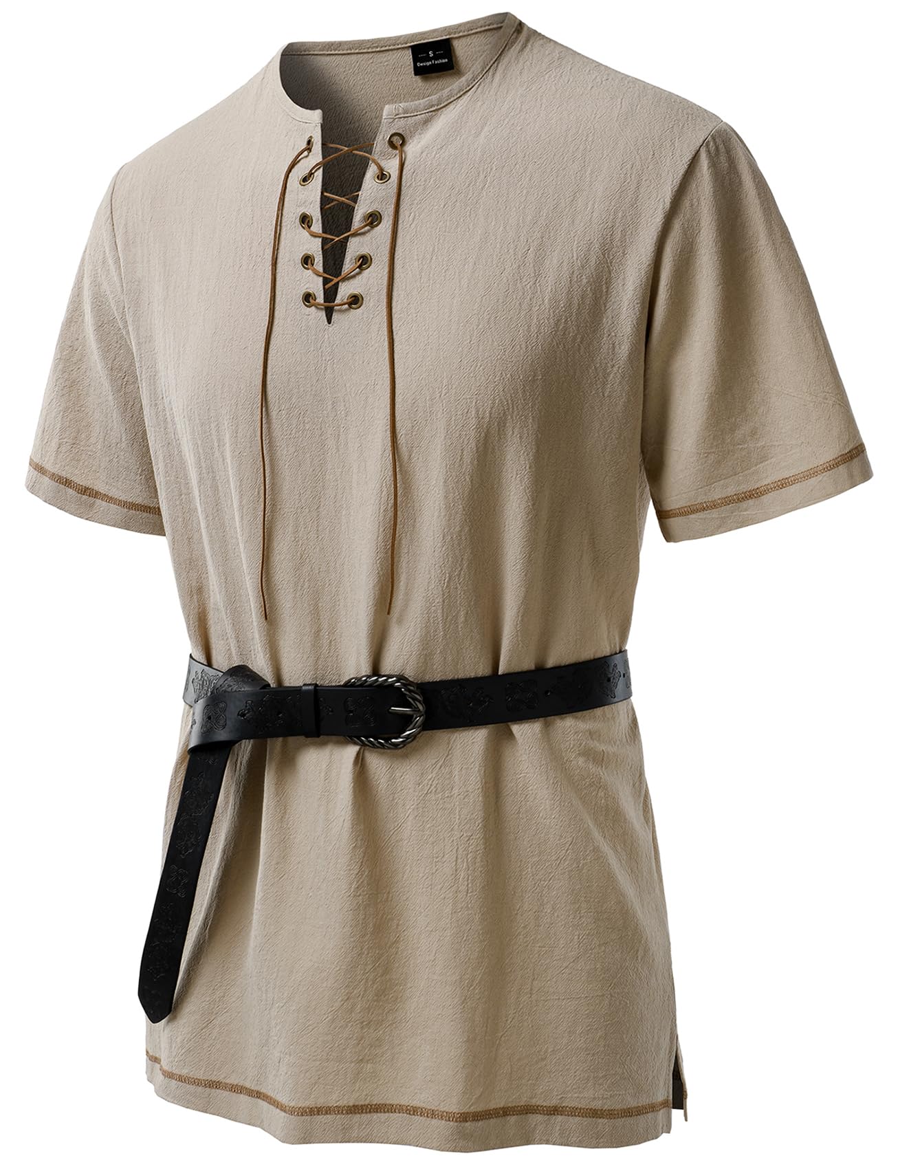 JEMITOP Men's Renaissance Costume Retro Short Sleeves Lace Up Shirts Tunic for Pirate Viking Medieval Halloween Cosplay Without Belt Khaki XXXL โ image 1