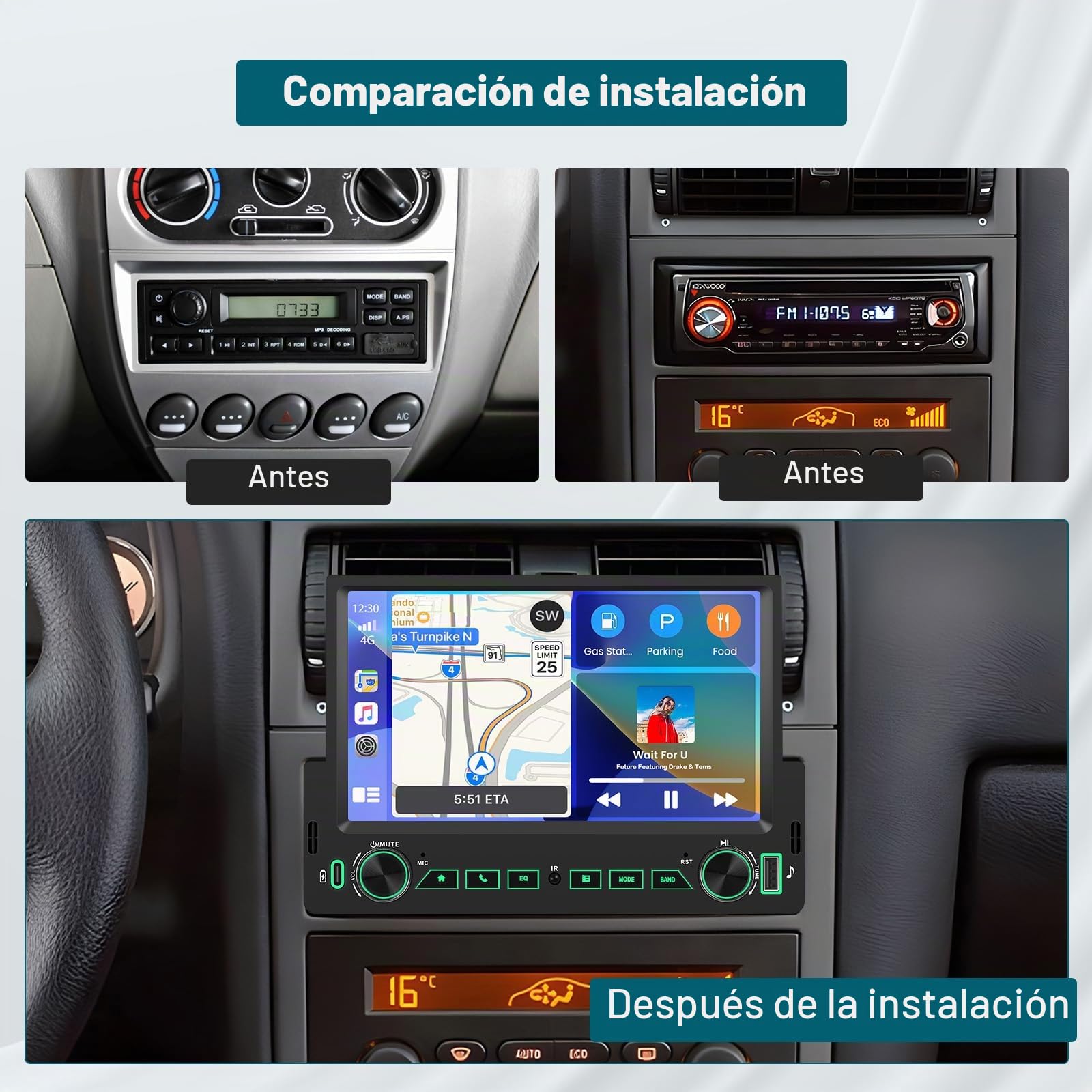 Hikity Radio Coche Bluetooth 1 DIN con Carplay Android Auto inalámbrico, Radio 1 DIN con Pantalla Táctil de 7 Pulgadas, Lien Miroir, Radio FM, Tipo-C + USB, SWC, EQ, Cámara Trasera