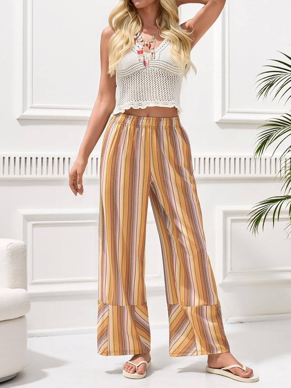Cicy Bell Womens Wide Leg Lounge Pants Elastic High Waisted Striped Palazzo Pants Flowy Casual Beach Travel Trousers - Image 4