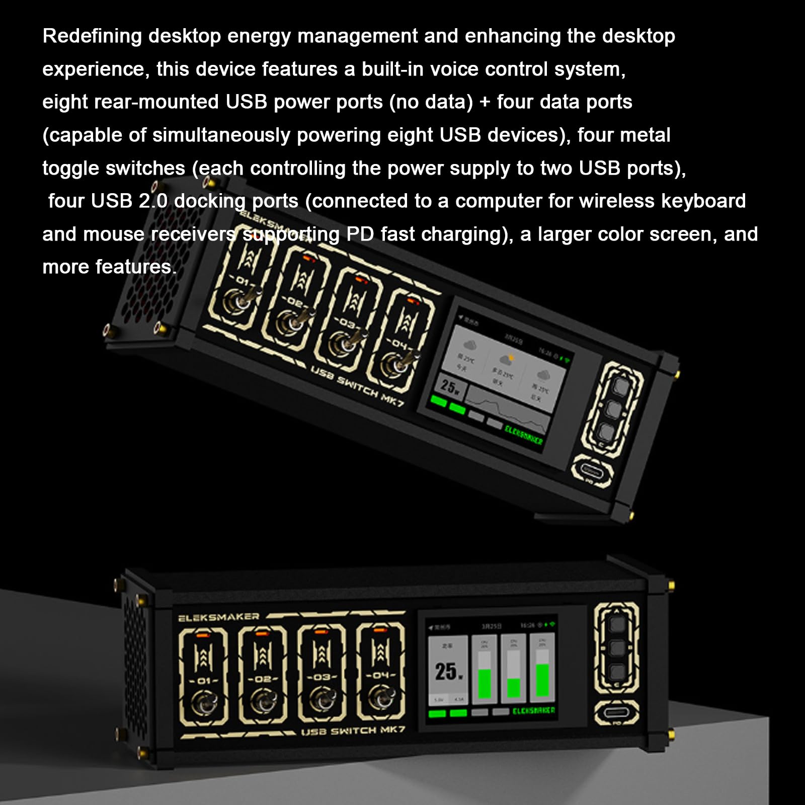 8-portowa stacja dokująca USB, 72 W USB Power Hub, 4 niezależne przełączniki dźwigniowe, wyświetlacz IPS 2,4", inteligentny kontroler zarządzania energią do urządzeń stacjonarnych