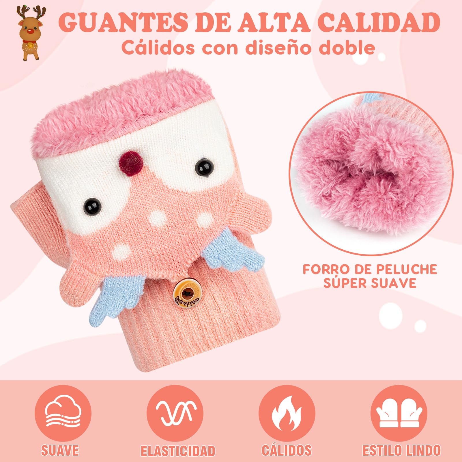 Kiiwah Guantes sin Dedos para Niños, Guantes de Invierno con convertible Flip Top, Cálido Guantes de Punto, Suave Forro de Felpa Medio Dedo Guantes Patrón Lindo para Niños Niñas, 3-8 Años