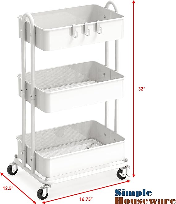 SimpleHouseware Heavy Responsibility 3-Tier Metallic Utility Rolling Cart, White