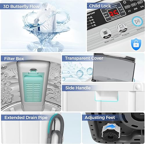 Miniatura 7 de Nictemaw Lavadora portátil de 17.8 libras con pantalla LED, 10 programas y 8 niveles de agua seleccionadas, lavadora pequeña para apartamentos,