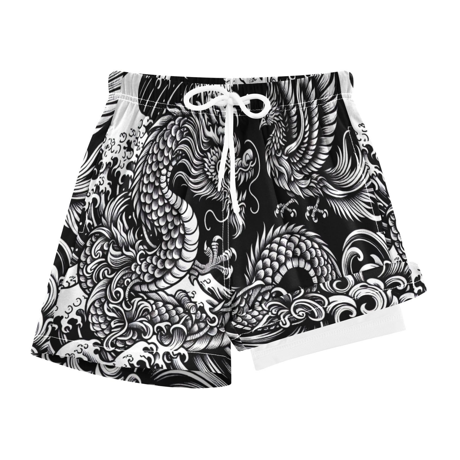 YANENDIE Boy Swim Trunks with Compression Liner Japanese Dragon Phoenix Boys Swim Shorts Quick Dry Beach Shorts