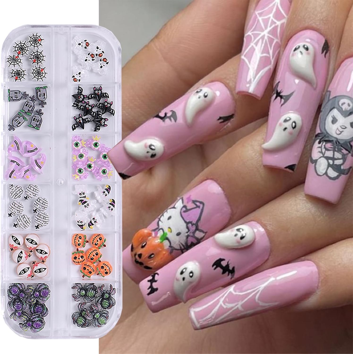 Halloween Nail Charms，Multi Shapes Colors 3D Spider Ghost Eyes Hat Bat Web Acrylic Nail Charms Flatback Halloween Nail Art Accessories DIY Crafts
