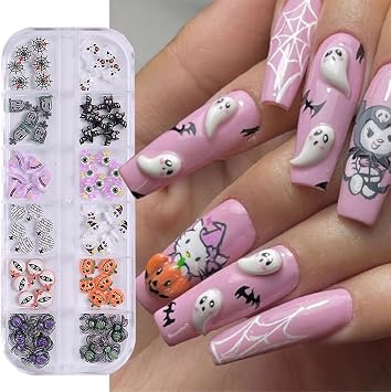 Halloween Nail Charms,Multi Shapes Colors 3D Spider Ghost Eyes Hat Bat Web Acrylic Nail Charms Flatback Halloween Nail Art Accessories DIY Crafts