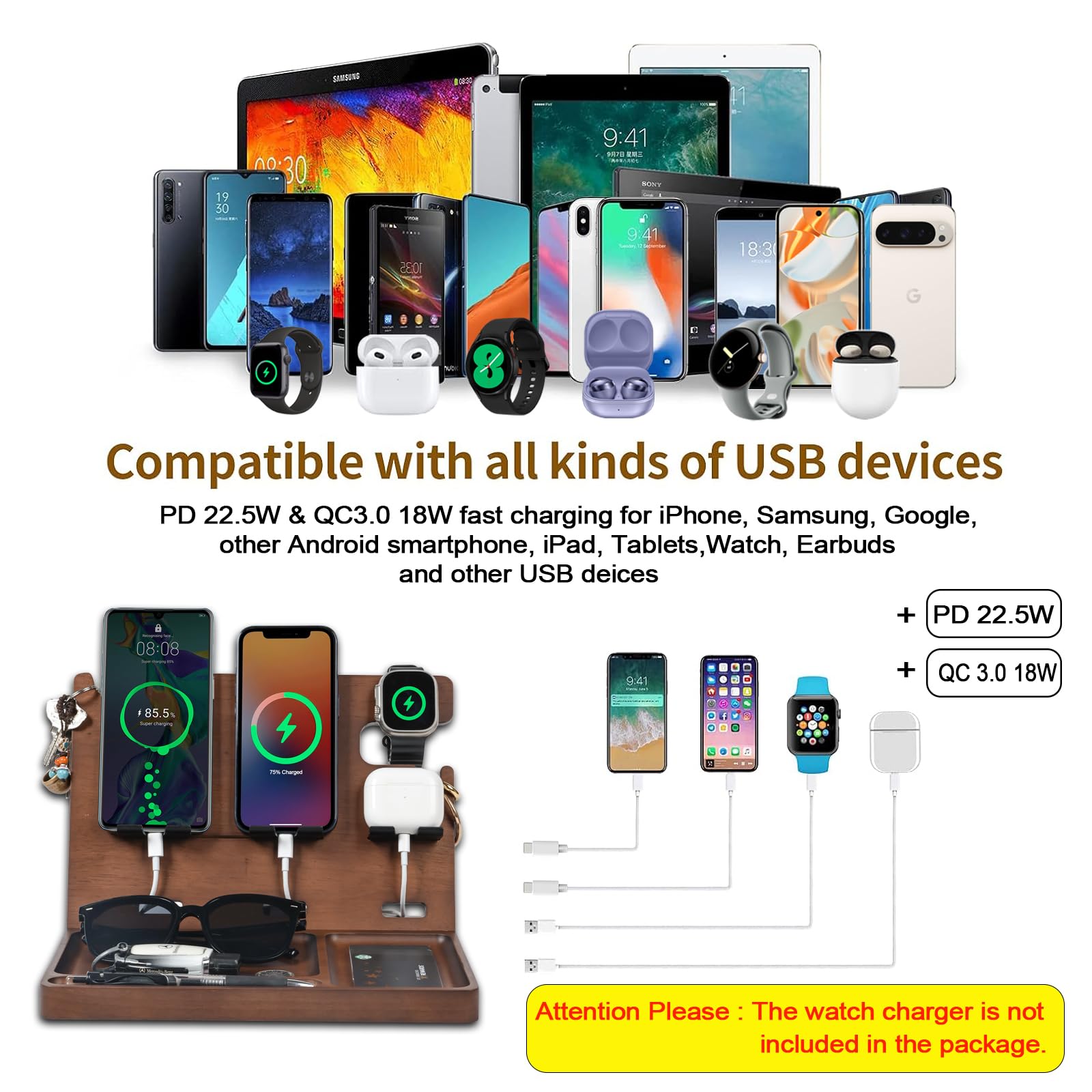 Holz-Handy-Dockingstation, Nachttisch-Organizer, Ladestation mit QC 3.0 & PD22,5 W USB-C-Ladegerät, schnelles Aufladen für iPhone, Samsung, Android, Tablet, Uhr, Jahrestag, Geburtstag