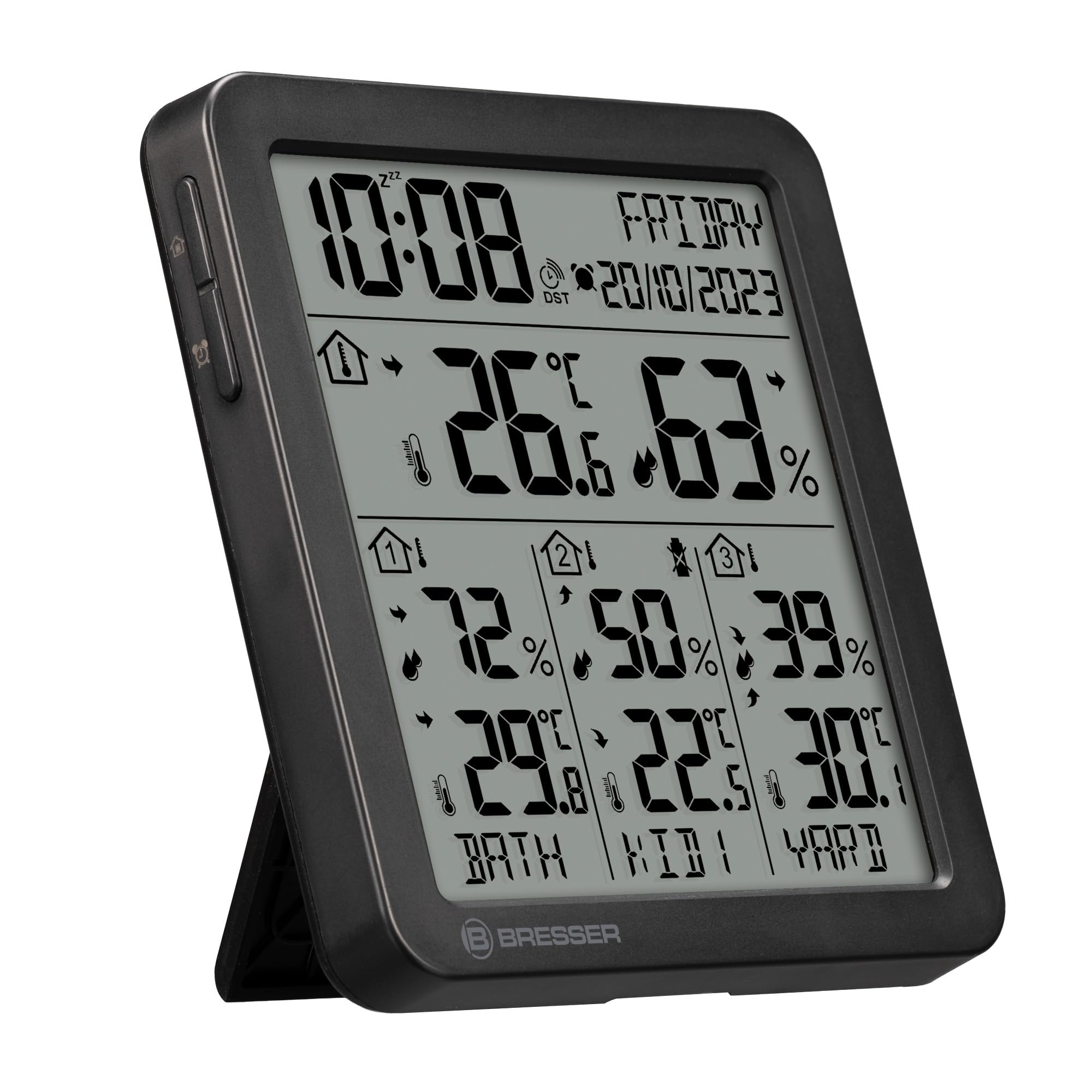 Bresser termoigrometro wireless con 3 sensori esterni, stazione meteo interna esterna con temperatura umidità, sveglia e orario automatico DCF