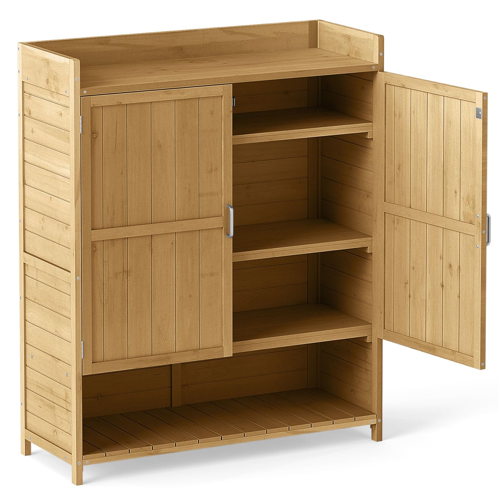 TANGZON Wooden Garden Shed, Outdoor Tool Storage Cabinet with 3 Removable Shelves, 2 Doors & Bottom Shelf, Tool Utility Gardening Shed Box Planting Workstation (Natural)