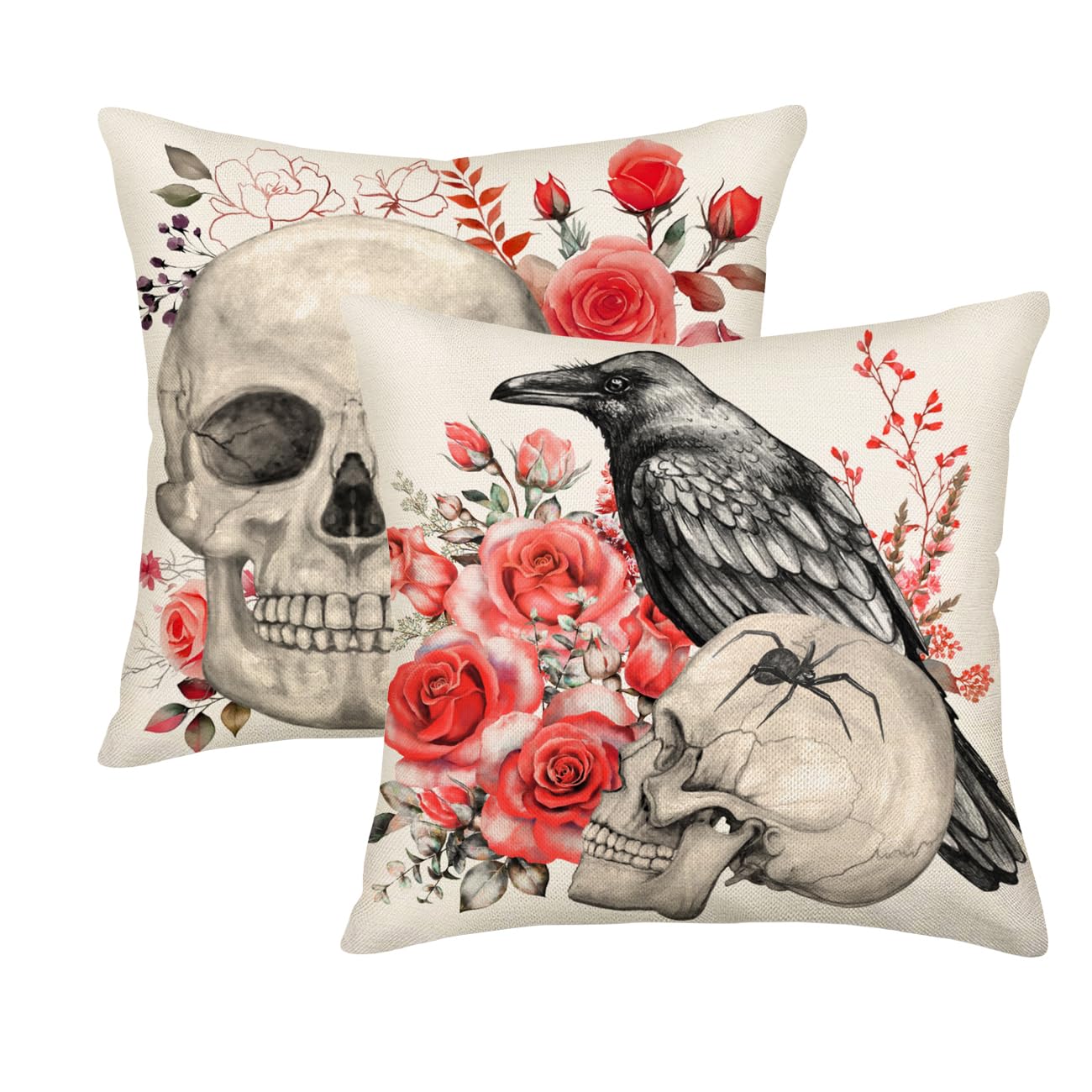 Halloween Pillow Cover Sugar Skull Rose Flowers Skeleton Halloween All Saints Day Goth Gothic Crow Spider Throw Pillow Case 18x18 Inch Decorative Cotton Linen Set of 2 Cushion Covers