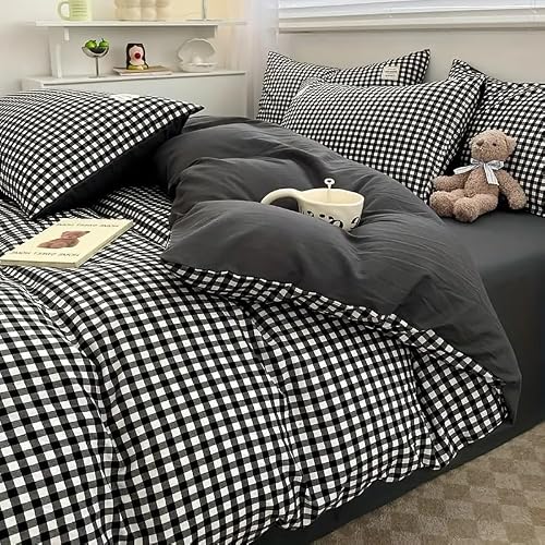 JYhoney Gingham Duvet Cover Queen Size 3pcs Black White Plaid Checkered Comforter Cover Modern Farmhouse Grid Reversible Bedding Set Soft Breathable Washed Microfiber Duvet Covers with Zipper Ties