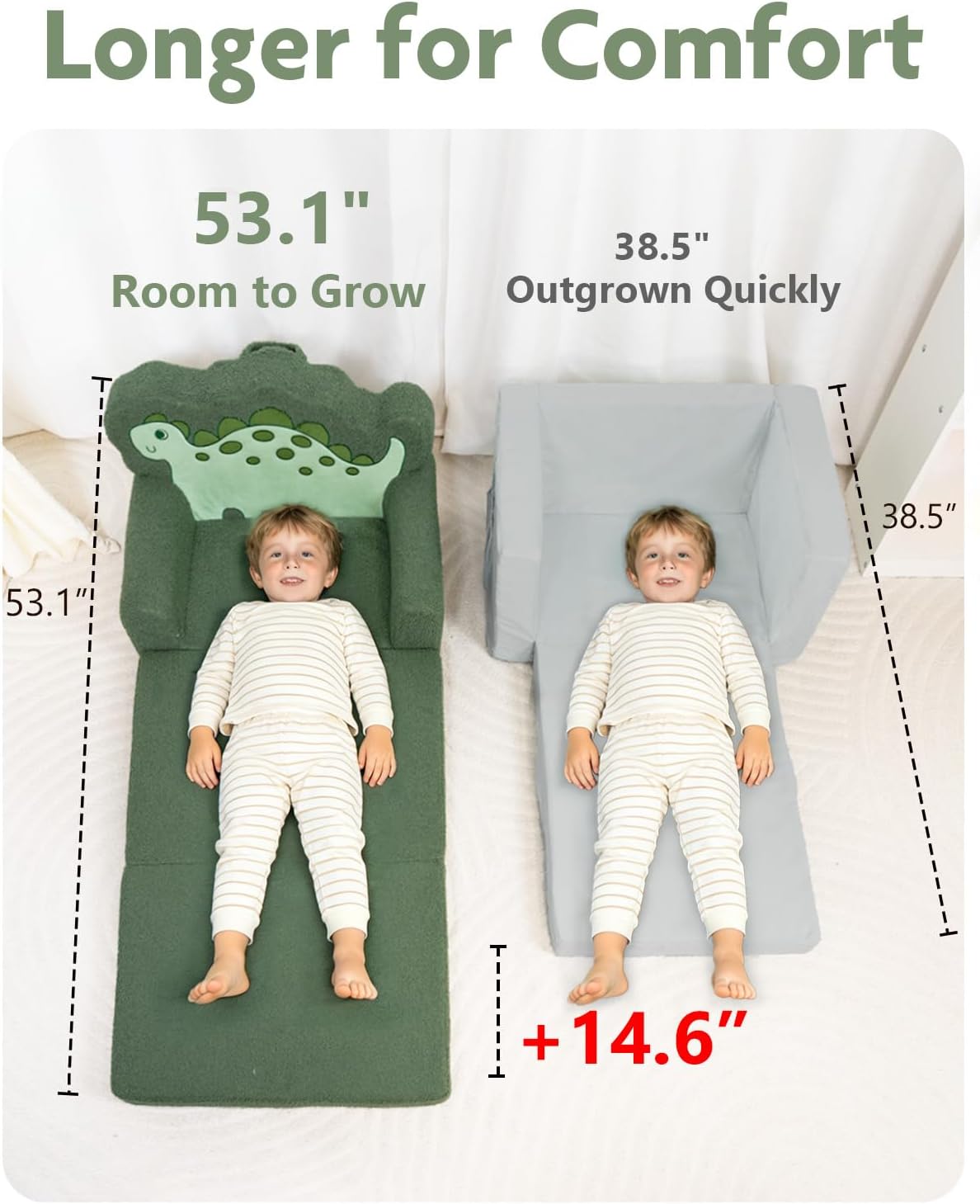 TinyPalsa Kids Couch, Convertible Sofa to Lounger Fold Out, Green Dinosaur Design Chair for Toddlers 1-3, Gift for Movie Night, Camping, and Napping