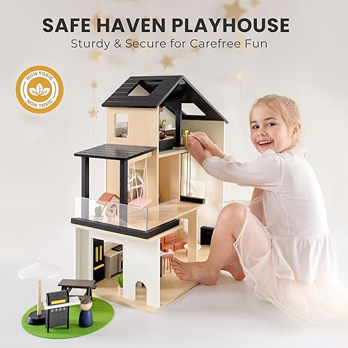 Miniatura 7 de Tiny Land Casa de muñecas, casa de muñecas familiar moderna con diseño realista, casa de muñecas de madera con muebles de 53 piezas, regalo ideal