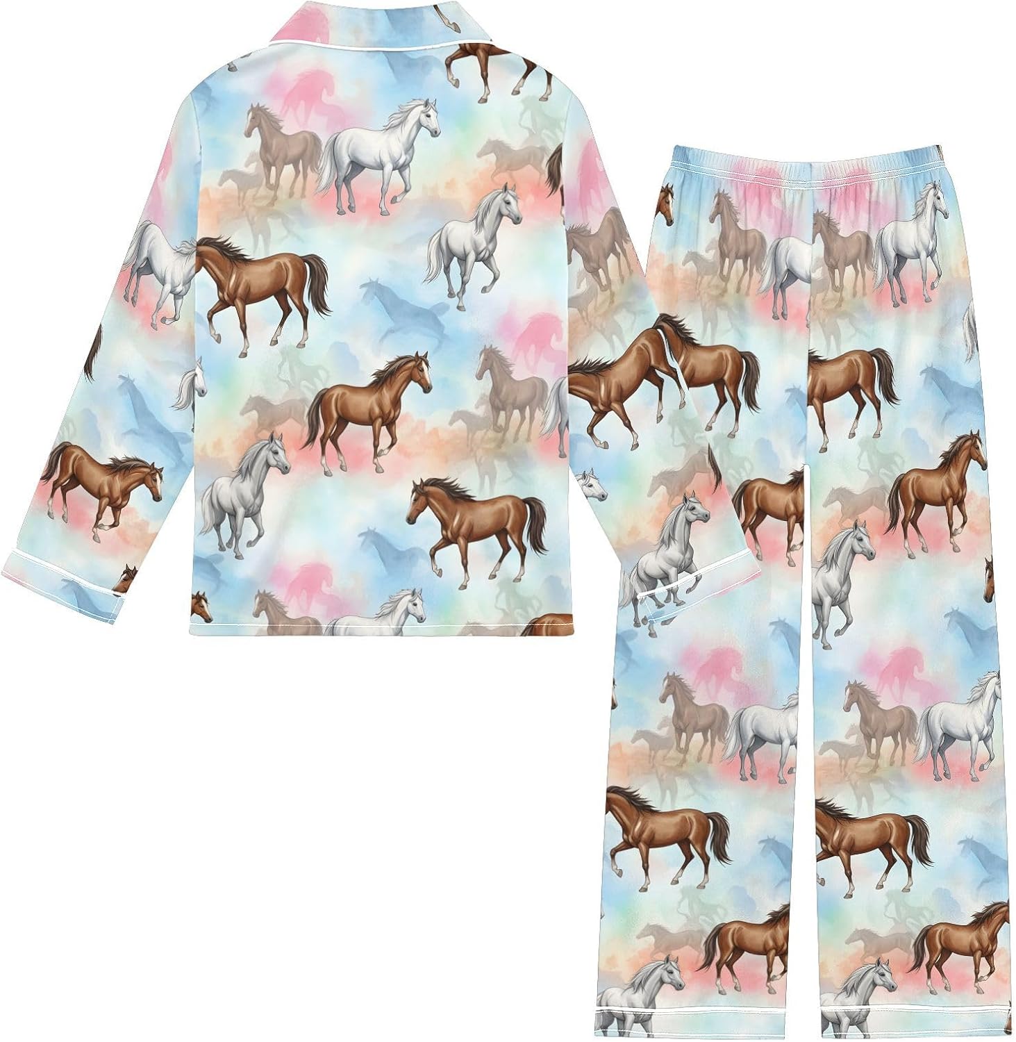 Satin Pajama Sets Short Sleeve Horses Running on Colorful Button Down Silky Nightwear 2 Piece PJS 5-14Y