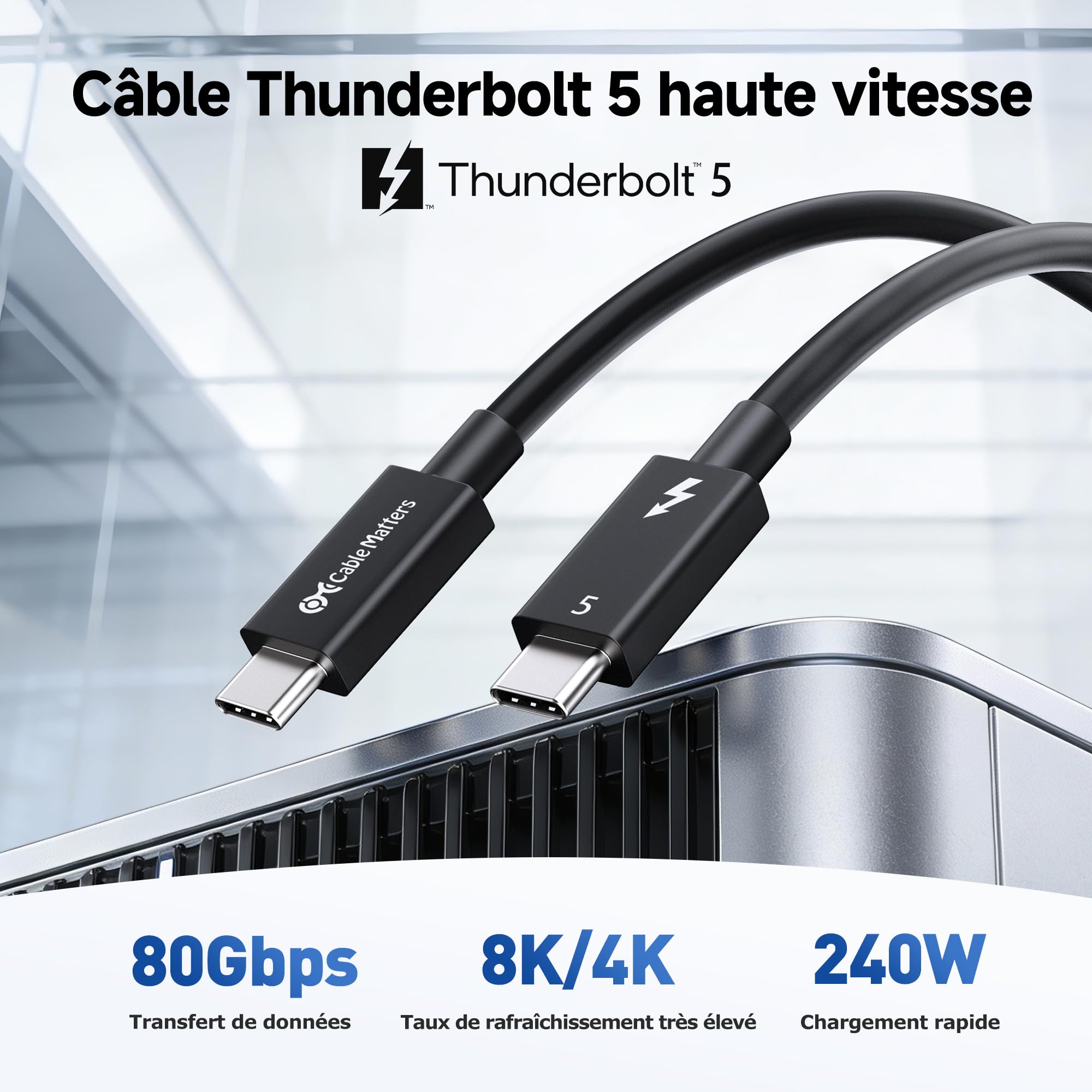 Cable Matters [Certifié Intel] Câble Thunderbolt 5 80Gbps avec jusqu'à 120Gbps de bande passante et 240W de charge en noir - 1m, compatible avec Thunderbolt 4, USB 4 et USB-C