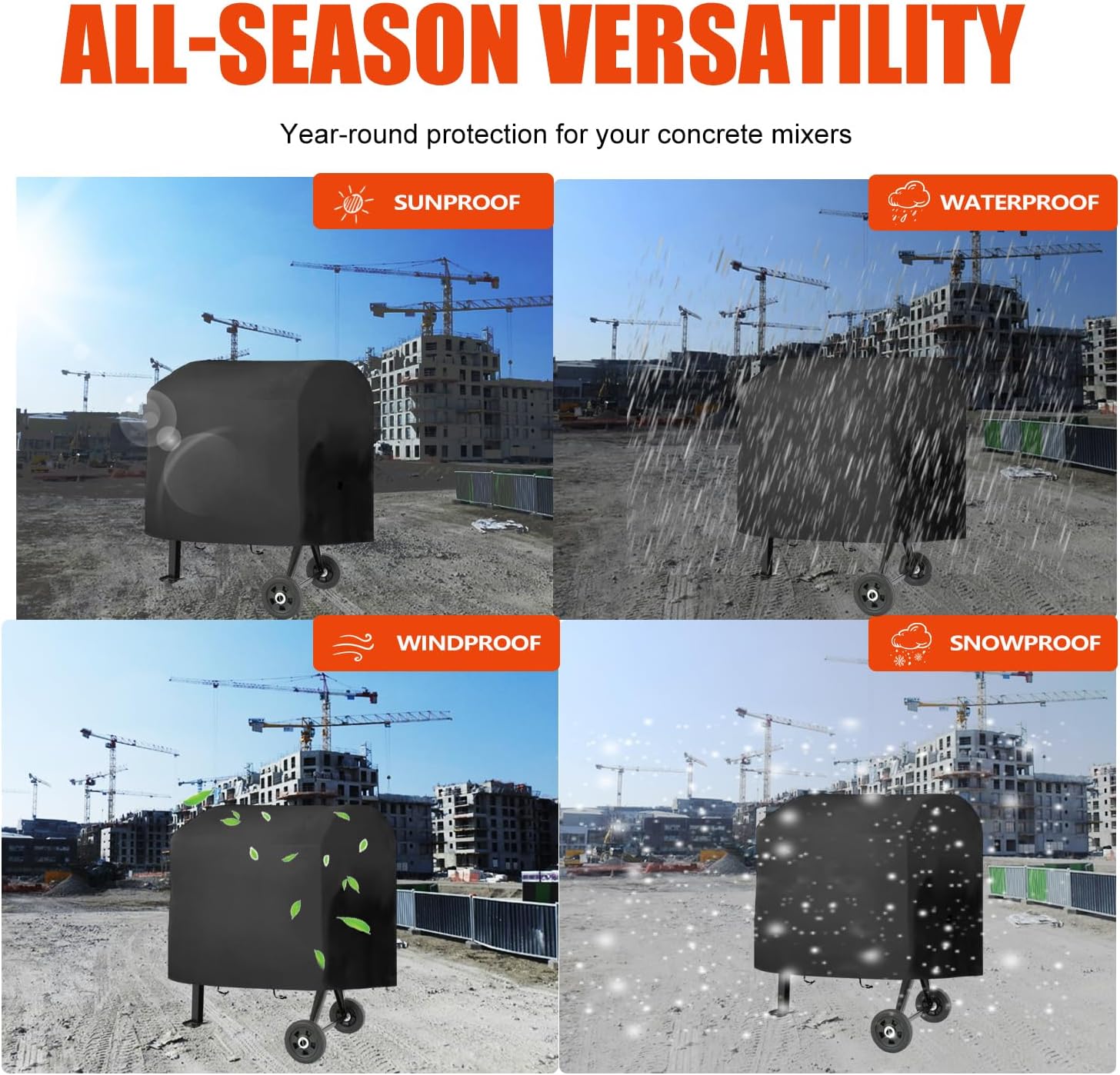 Concrete Mixer Cover Outdoor, Dust Cover for 5.0 Cubic Feet Cement Mixers, Made of Heavy-Duty 600D Oxford, All Weather Cement Mixer Covers (L 130cm x W 80cm x H 110cm)