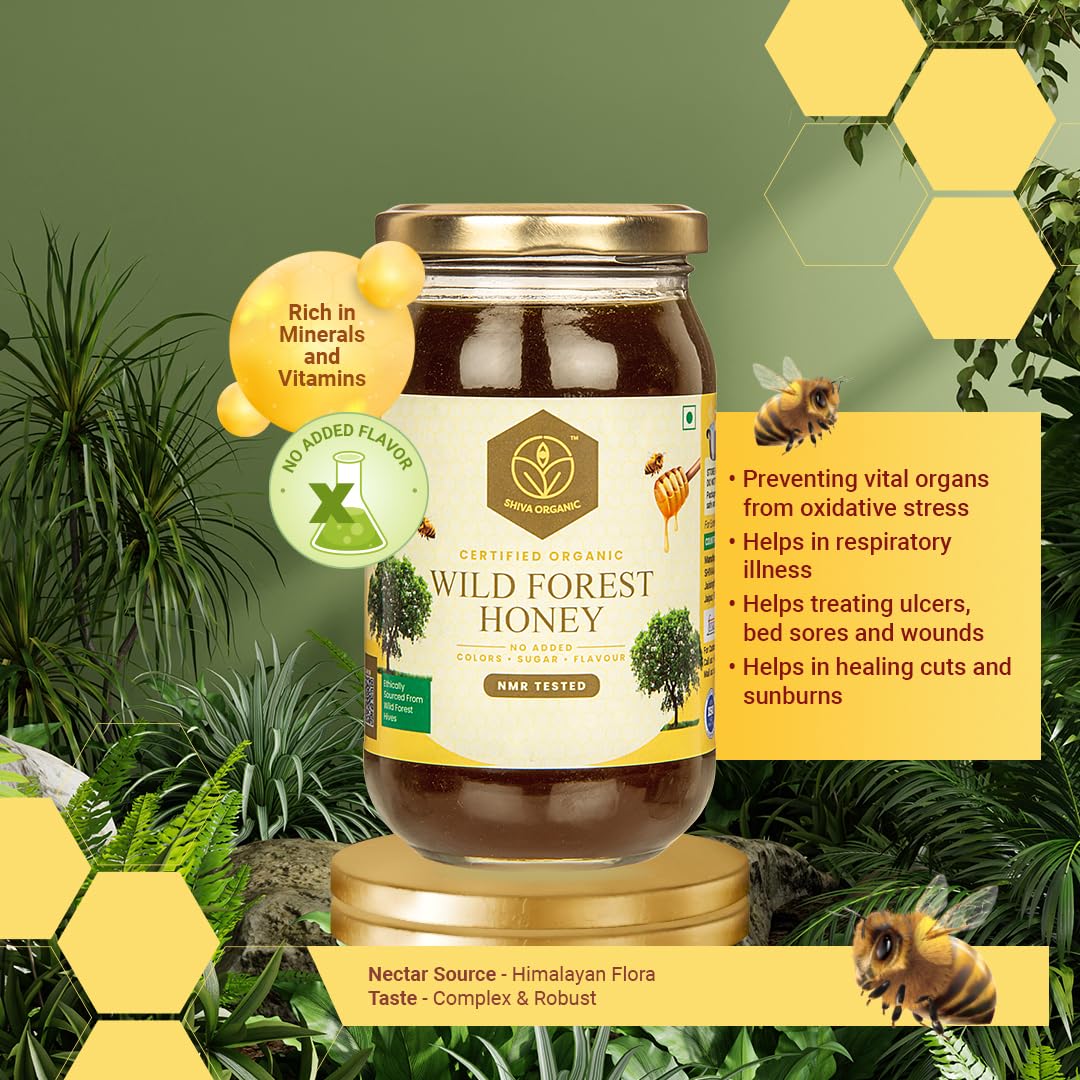 Shiva Organic's Wild Forest Honey - NPOP Organic Certified, NMR Tested, Natural Honey, No Added Sugar, Flavorful - 8.81 Ounces (250g)