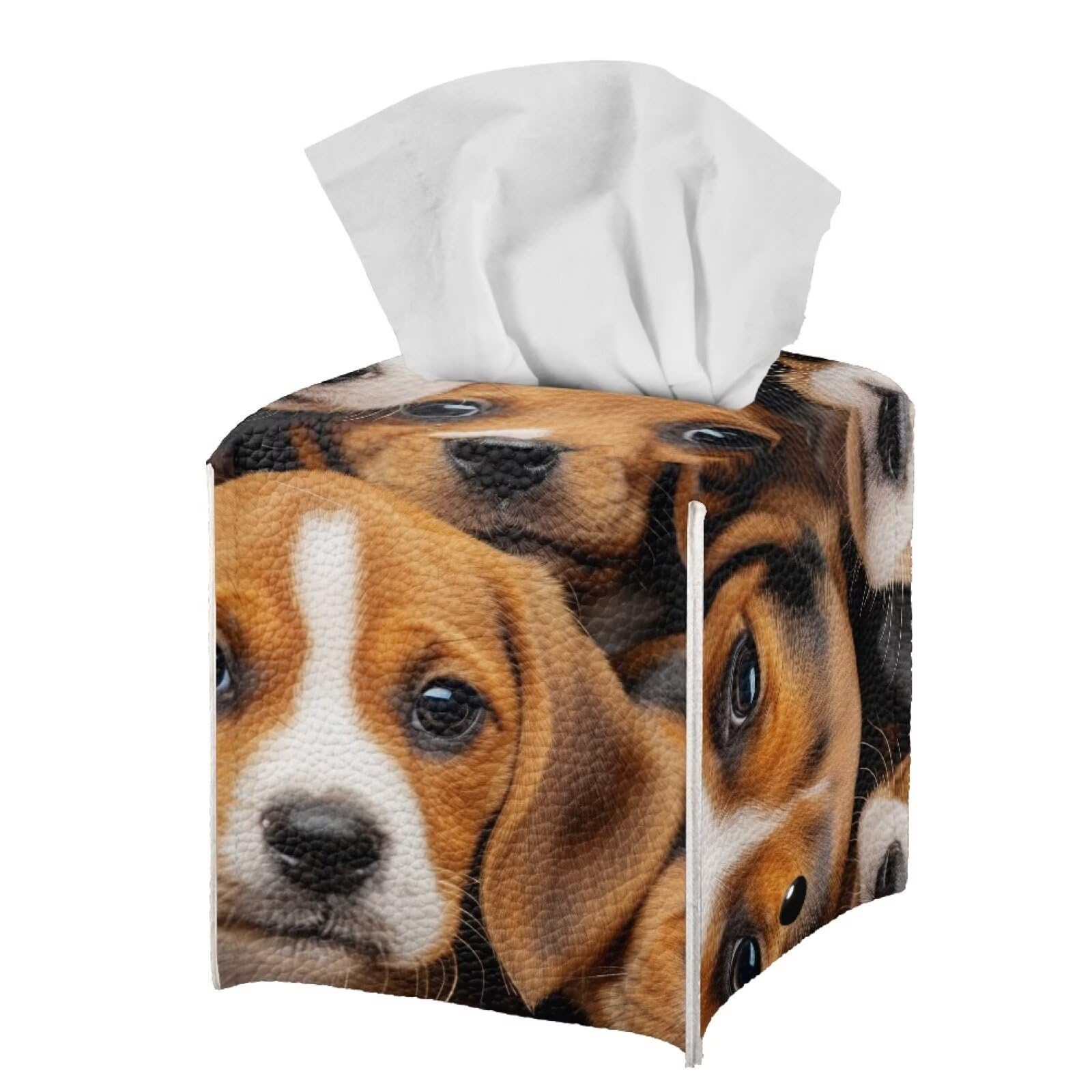 Stylish Beagle Tissue Box Holder Square PU Leather Tissue Cube Box Organizer for Home Bathroom Living Room Decorative Waterproof Brown Tissue Box