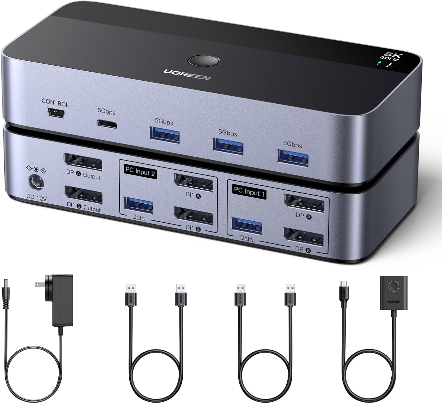 UGREEN 8K@60Hz Displayport KVM Switch 2 Monitors 2 Computers, Aluminum