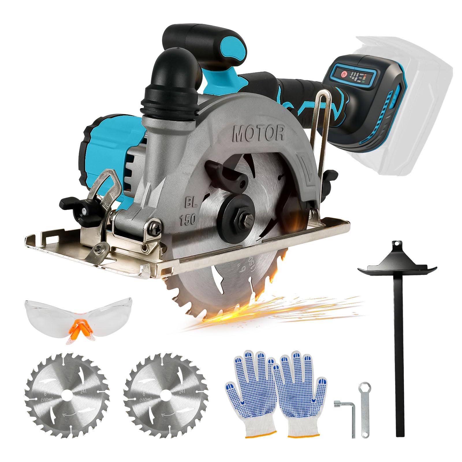 Piła tarczowa akumulatorowa dla Makita, 18 V, 20 V, 6200 U/min, bezszczotkowa piła tarczowa z 2 ostrzami 150 mm, głębokość cięcia i kąt 50 mm (90°) - 33 mm (45°) do drewna, miękkiego metalu, plastiku