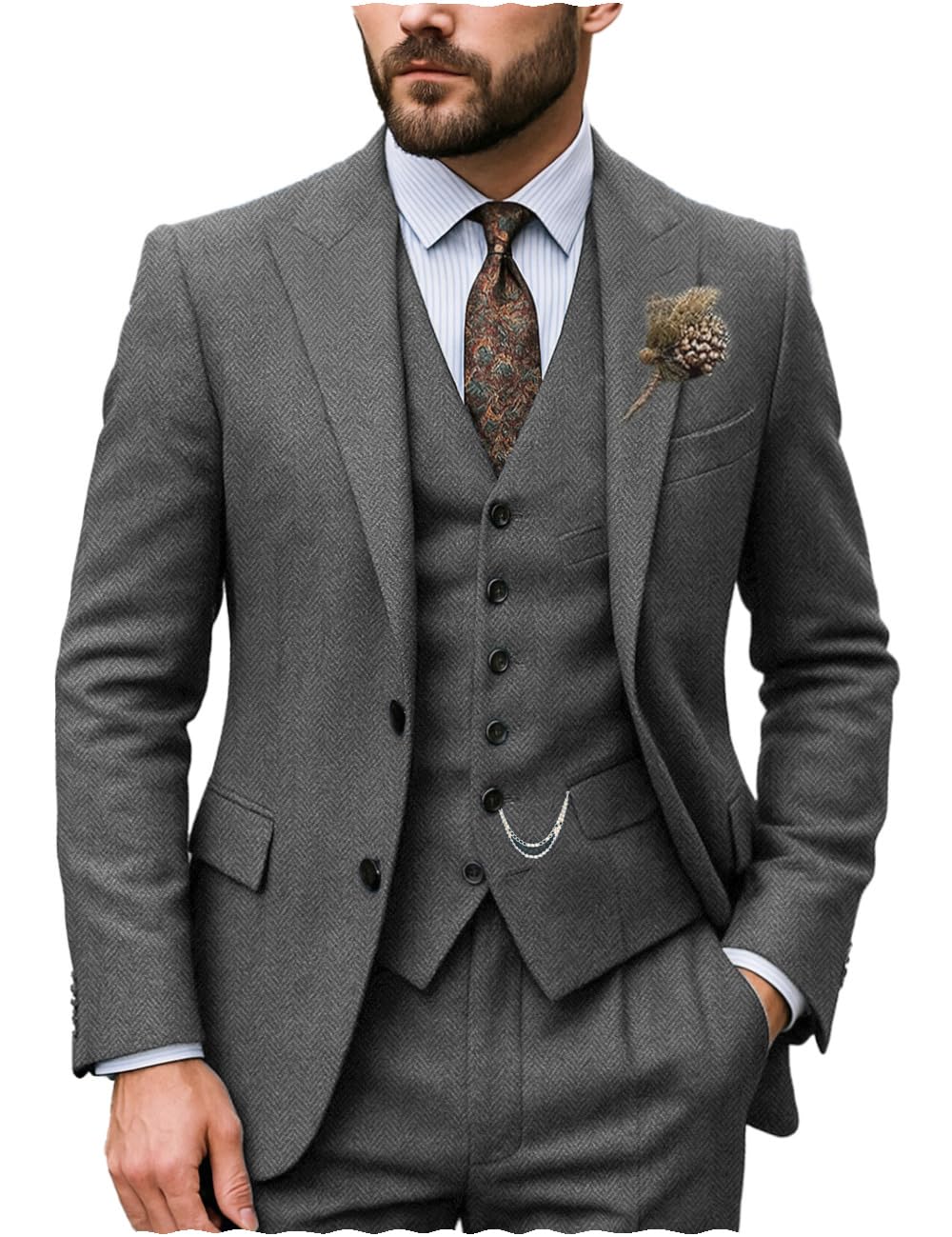 Men's Classic Suits Regular Fit 3-Piece Prom Tuxedos Tweed Herringbone