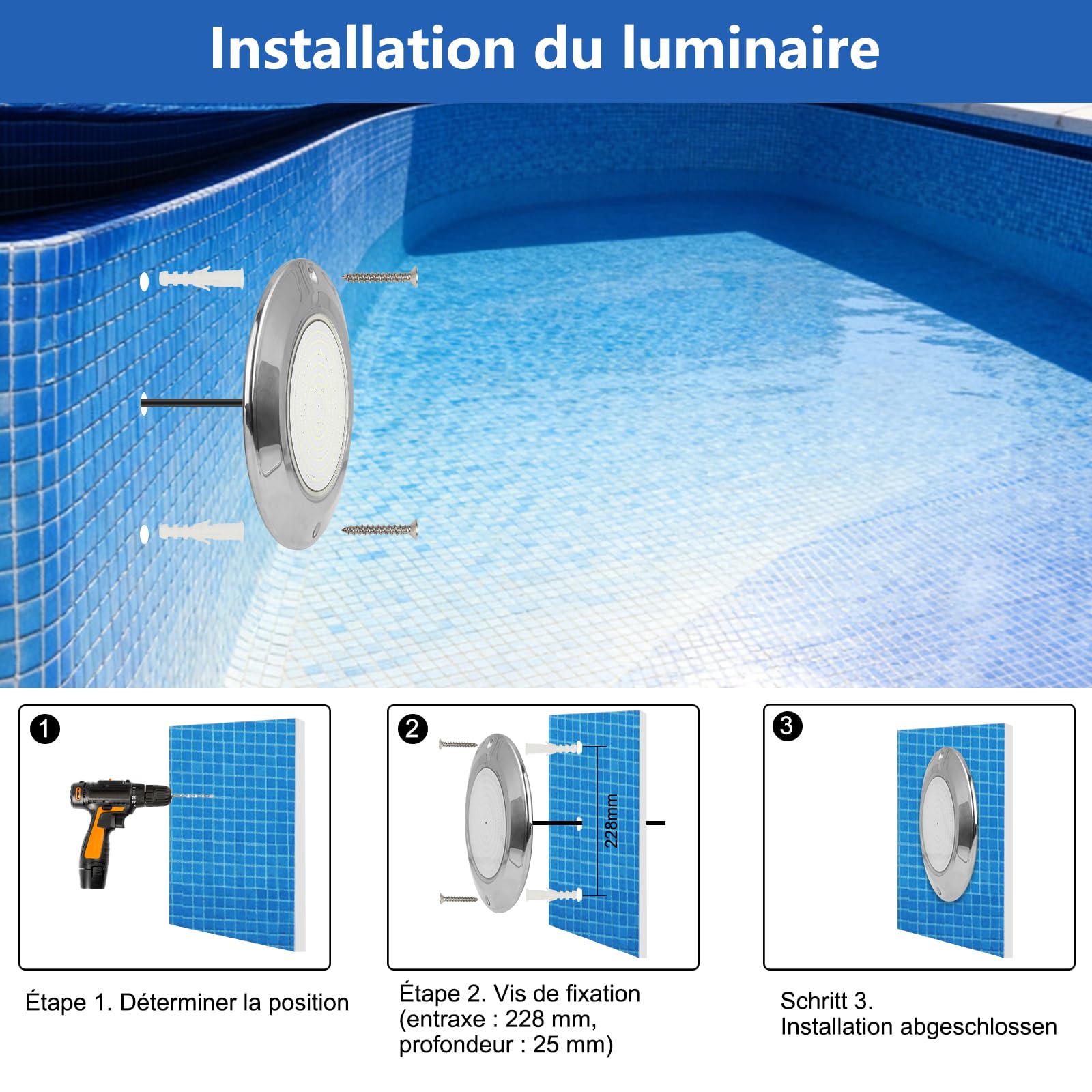 COOLWEST Projecteur Piscine LED Remplie de Résine, 36W Lampe Piscine Extra-Plats, Blanc Froid LED Spot Piscine en Acier Inoxydable, IP68 étanche, 12V DC, Montage en Surface, 6000K