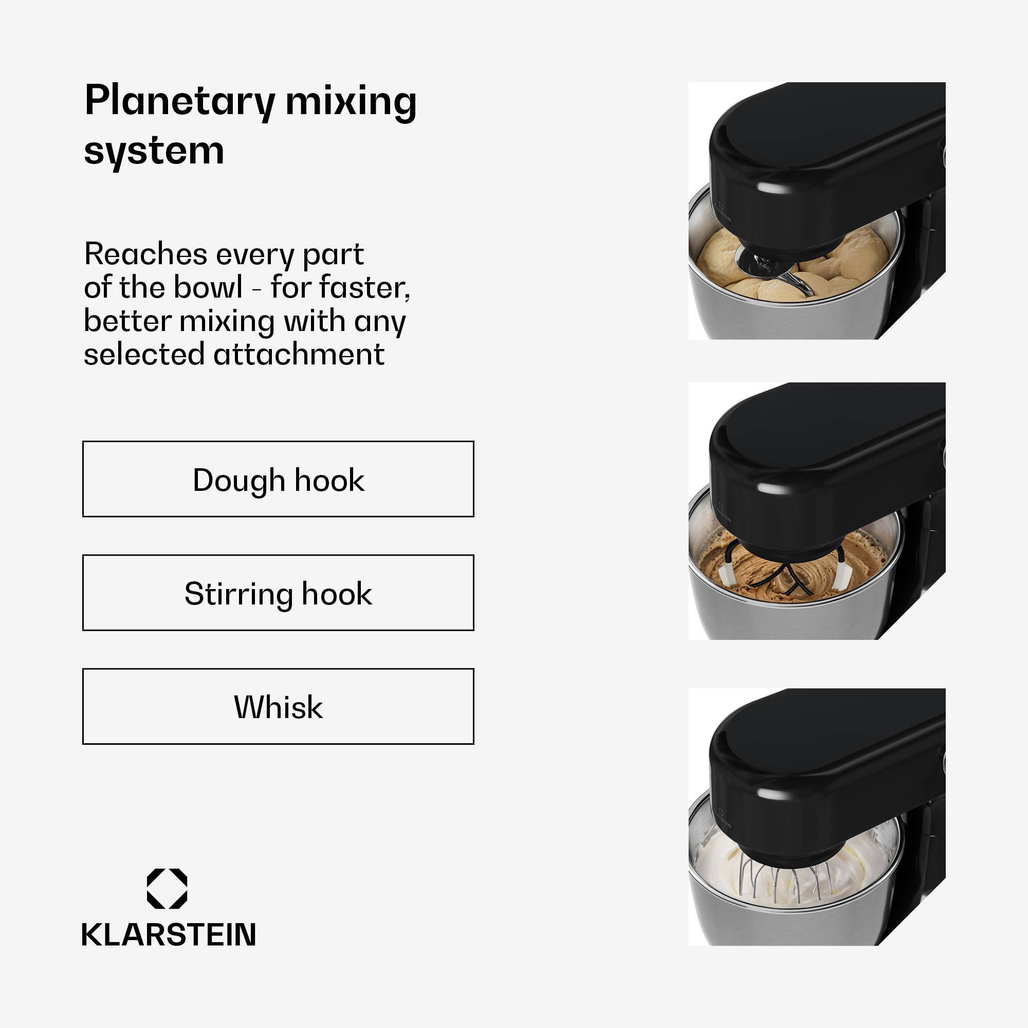 Klarstein Bella Evo Mikser planetarny 1500 W - miska ze stali nierdzewnej 5 l, 12 prędkości, system planetarny, puls, haczyk, trzepaczka i ubijak, wielofunkcyjny robot kuchenny, czarny, czarny