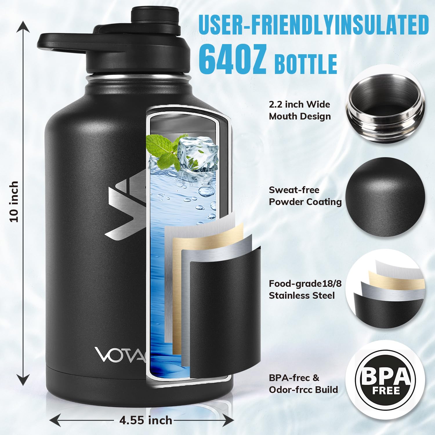 VOTAGOO Taktische Wasserflasche, 1,8 l – Isolierte Wasserflasche aus Edelstahl, Militärflasche aus Metall mit robuster, abnehmbarer Hülle, taktische Tragetasche für Wandern, Camping, Jagd