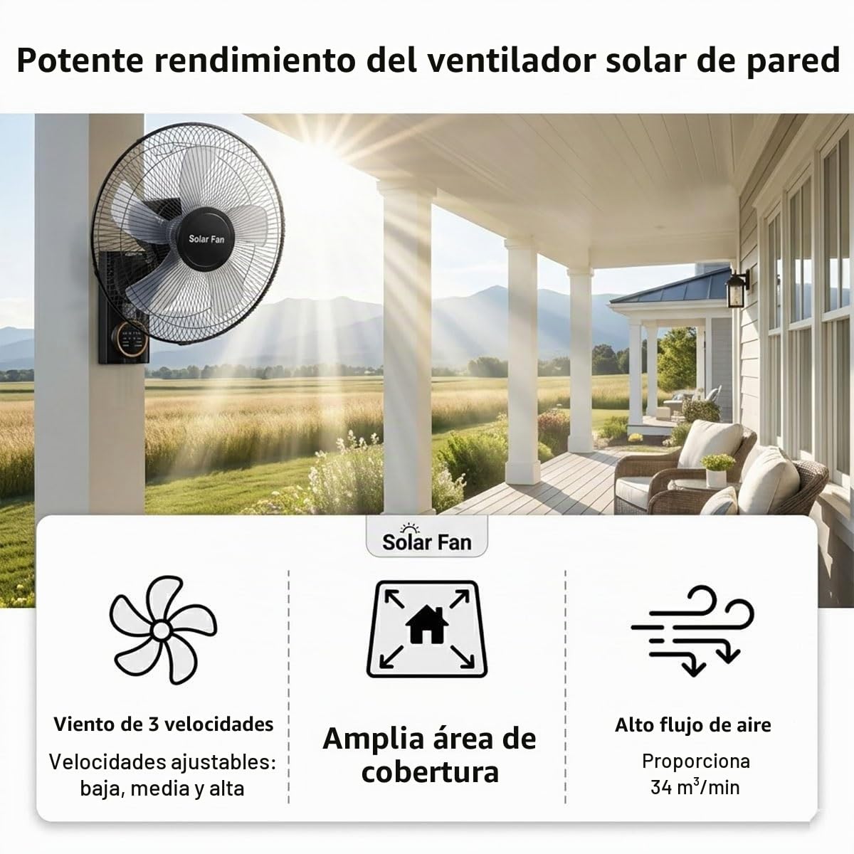 Ventilador Solar Potente 40cm, Montaje en Pared con Mando, Sin Electricidad Ventilador con Placa Solar y Bateria para Jardín, Gallinero, Cobertizo e Invernadero, Oscilante 90°
