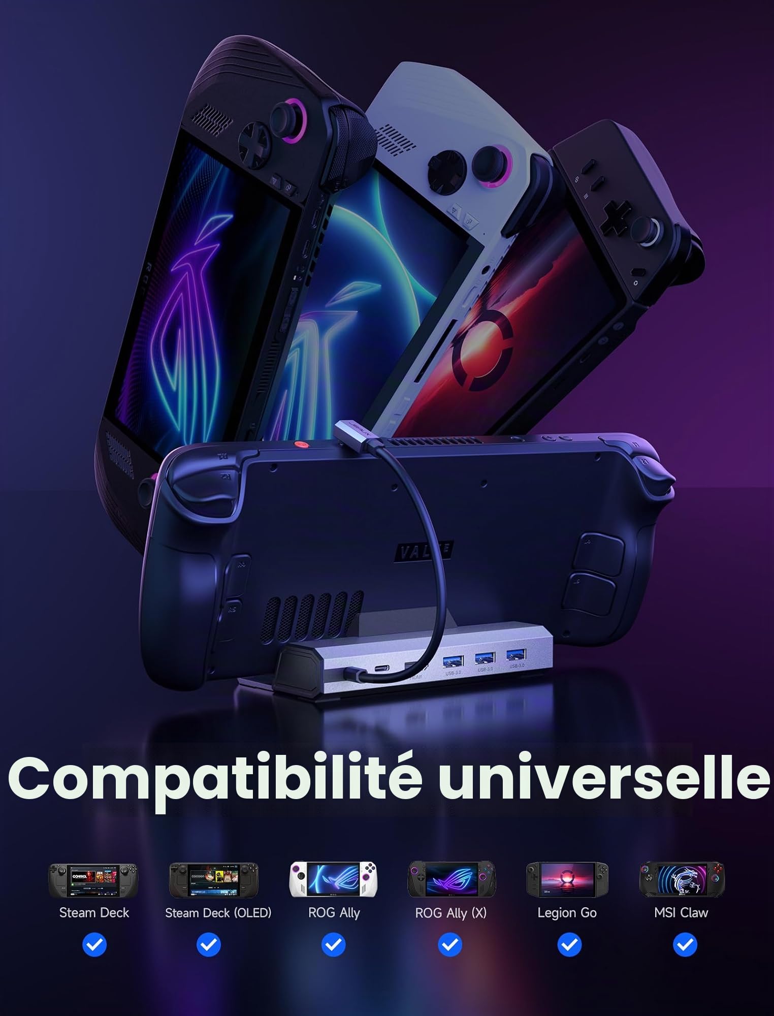 JSAUX Station d’Accueil 4K@120Hz avec Chargeur 65W, Compatible avec Steam Deck OLED/ROG Ally X/Legion Go (S), Station 6-en-1 avec HDMI, Ethernet Gigabit, 3 Ports USB 3.0 et Charge 100W – HB0603