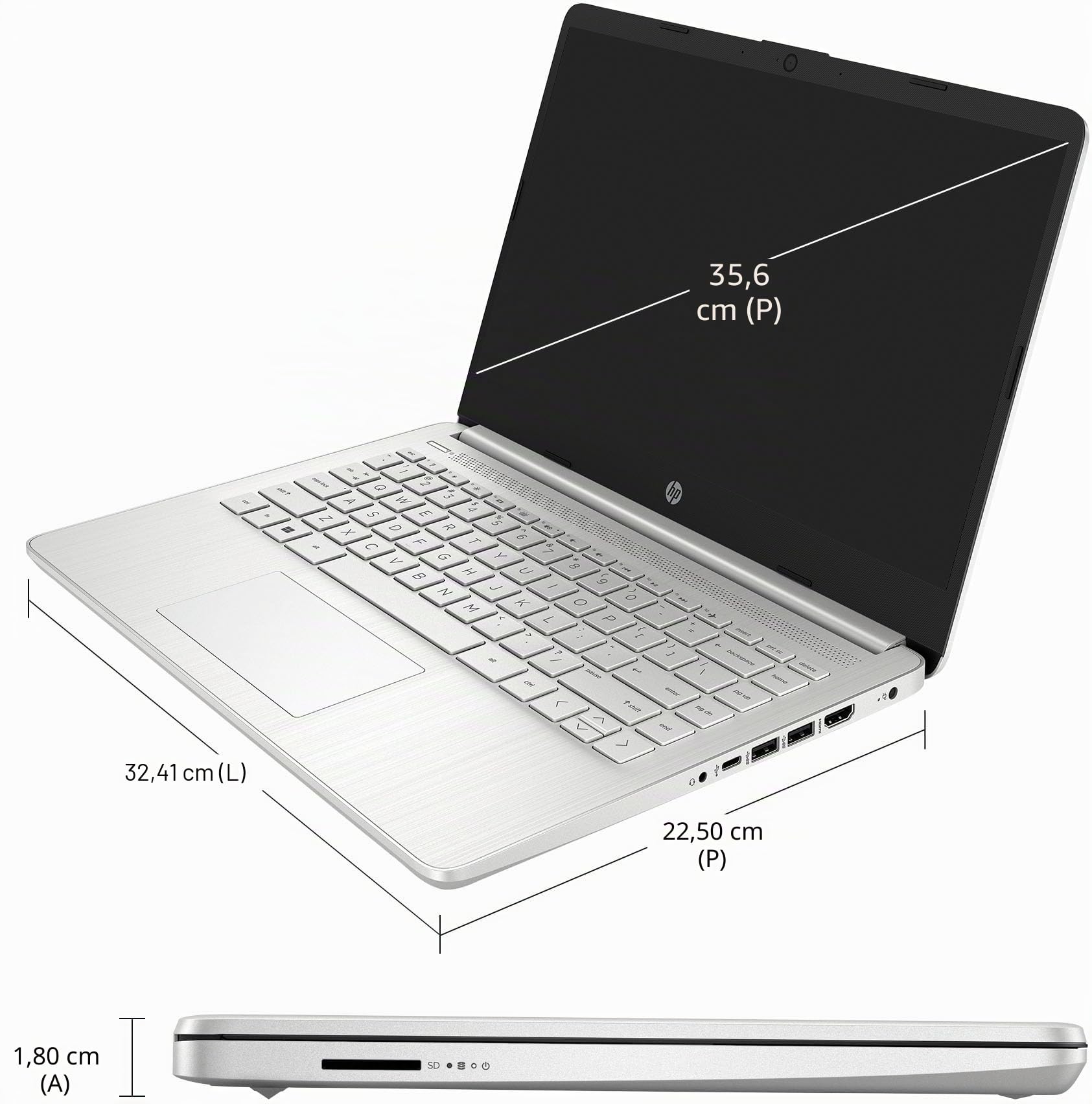 HP 14 laptop (14" HD, Intel Celeron N4120, 16 GB di RAM, 256 GB di memoria (128 GB eMMC + scheda SD IST da 128 GB)) Scuola e azienda, durata della batteria 11,5 ore, Office 365 1 anno, Win 11 Home