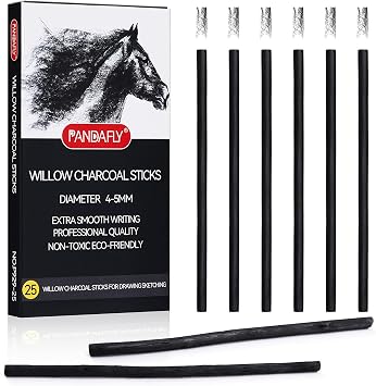 PANDAFLY Willow Charcoal Sticks, Soft, 4-5mm, 25 Pack, Black Artist Vine Charcoal, For Artists, Beginners, Students, Ideal for Sketching, Drawing, Shading, Fine Art