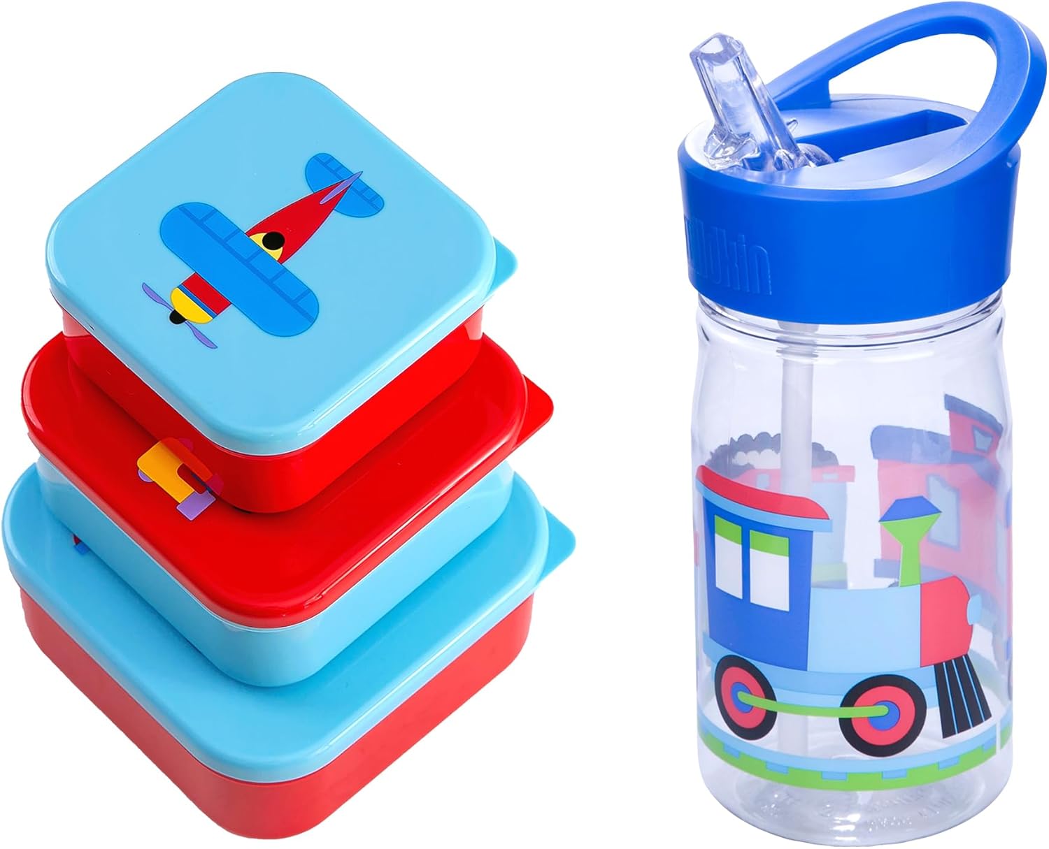 Wildkin 16 Oz Reusable Water Bottle and Nested Snack Containers Bundle for Organize and On-the-Go Refreshments (Trains, Planes & Trucks)