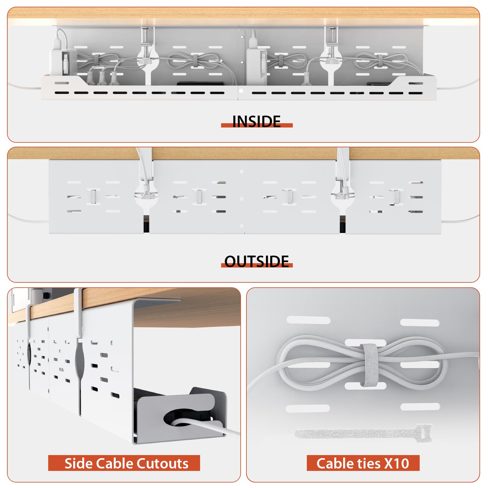 Univivi Kabelmanagement unter dem Schreibtisch, stabile Metall-Kabelwanne ohne Bohren, C-Klemme und Schraubhalterung, robuster Kabel-Organizer für Büro und Zuhause, 81,3 cm, Weiß