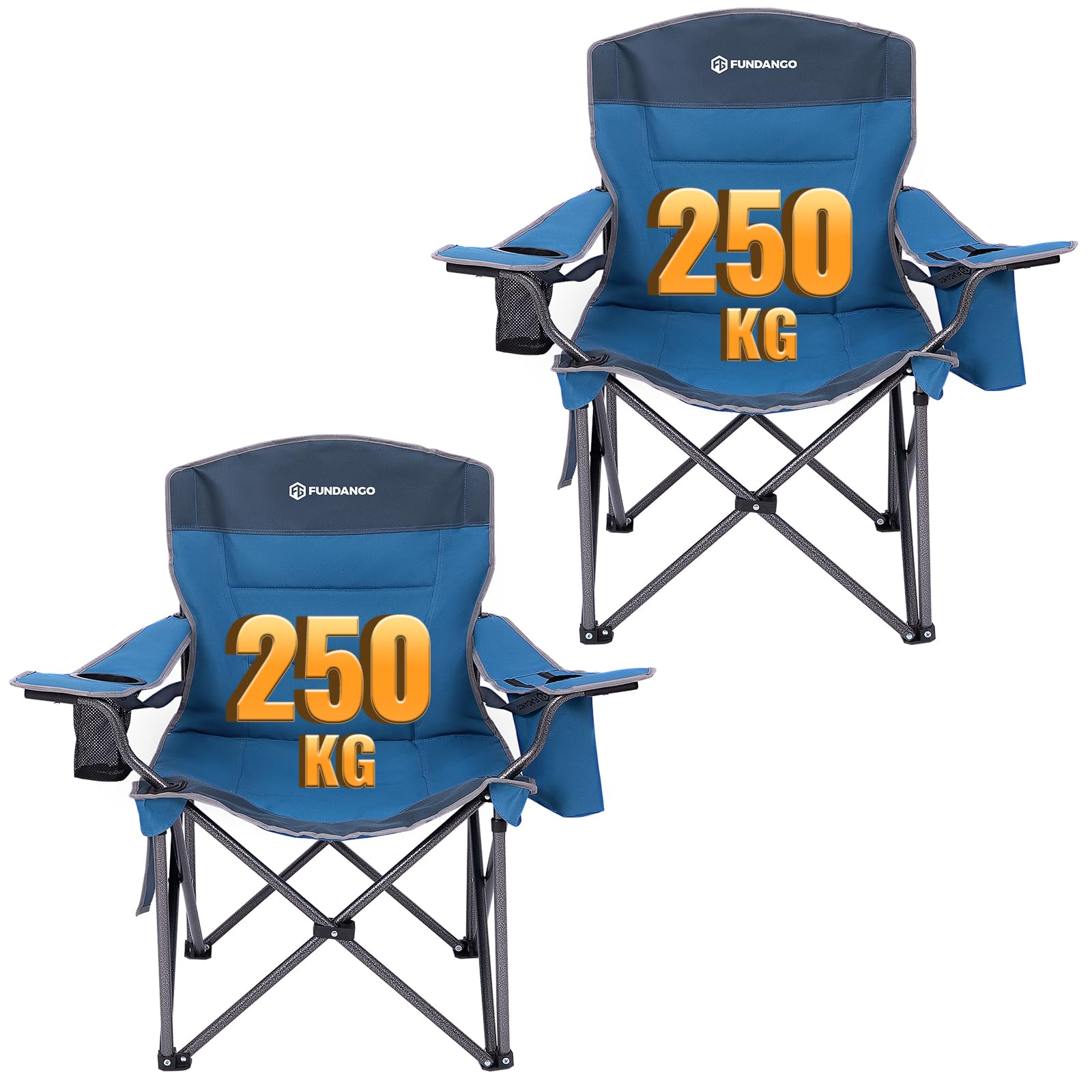 FUNDANGO Oversized Camp Chair, Heavy Duty Portable Foldable Lawn Chair with Padded Lumbar Support Seat & Back, 4-can Cooler & Cup Holder, Carry Bag Included for Outdoor
